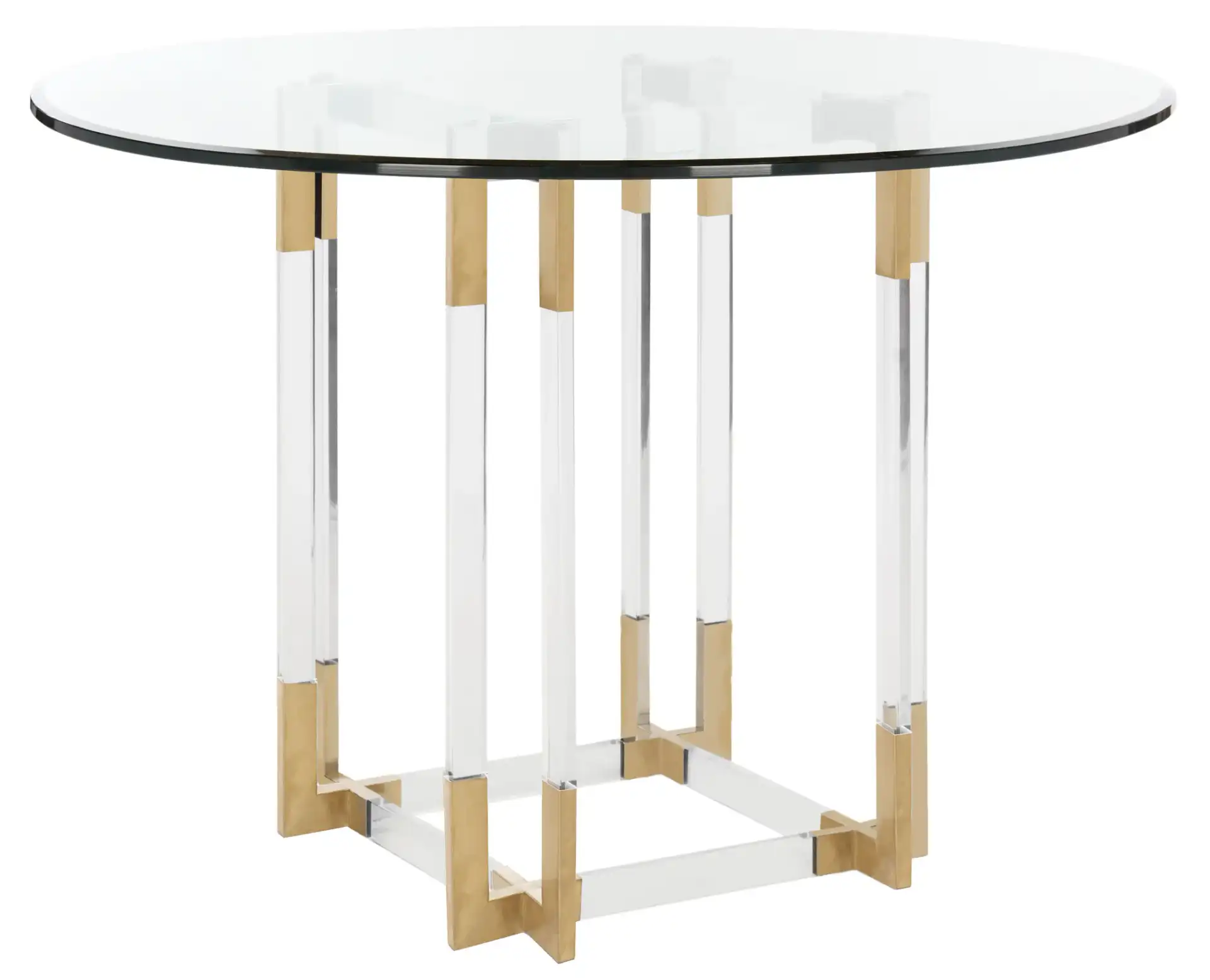 Koryn Round Dining Table in Clear / Brass, detail view
