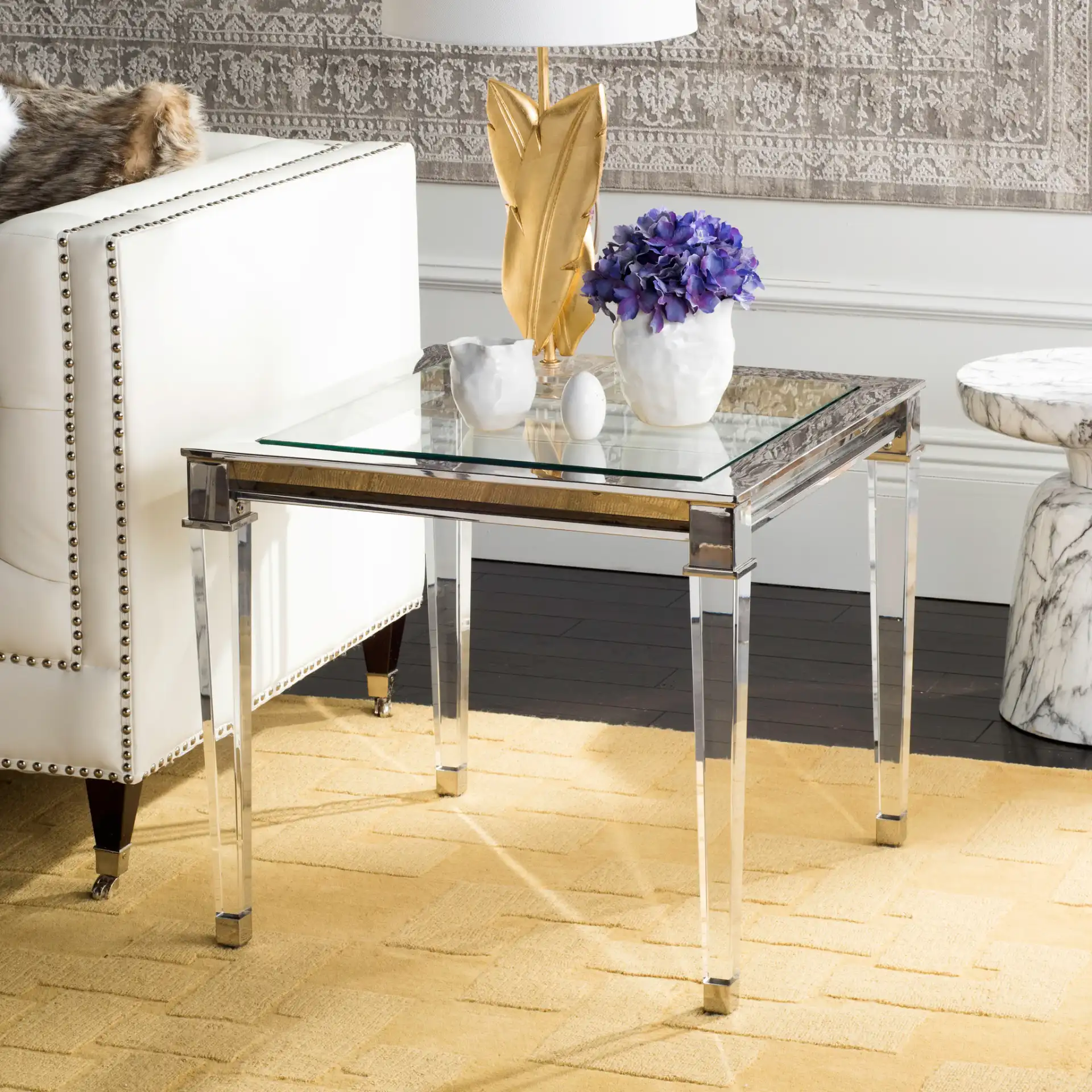 Charleston End Table in Silver in a styled room