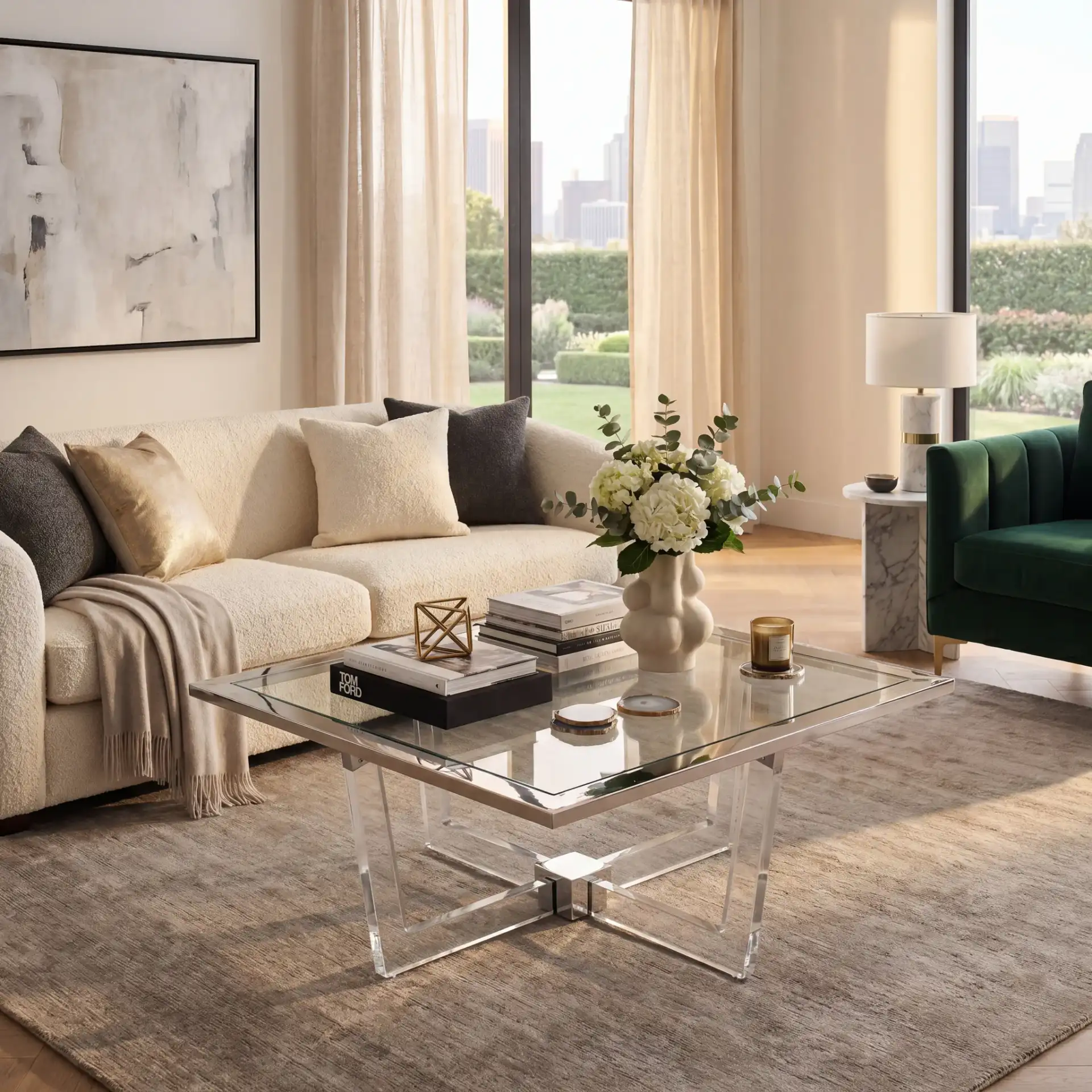 Hermina Acrylic Coffee Table in Clear in a styled room