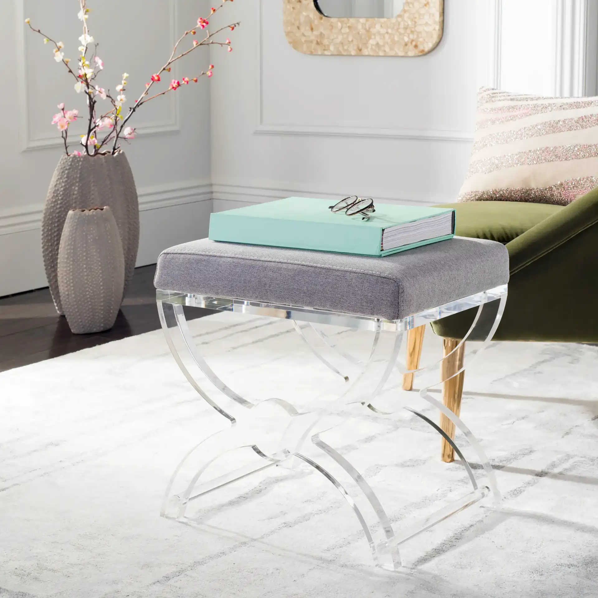 Delfina Vanity Stool in Clear in a styled room