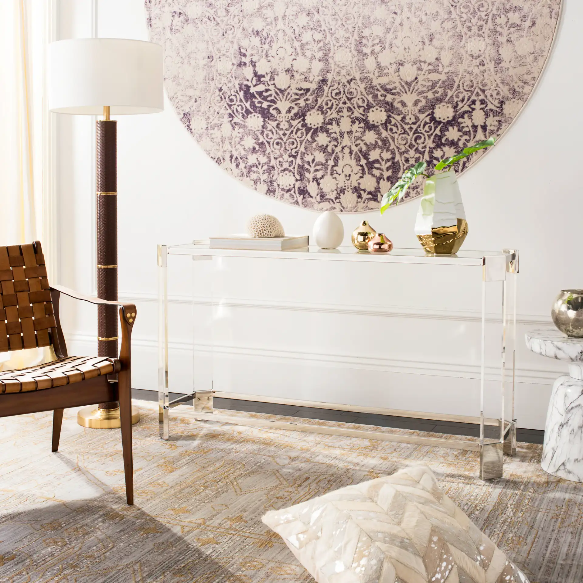 Gianna Acrylic Console Table in Clear in a styled room