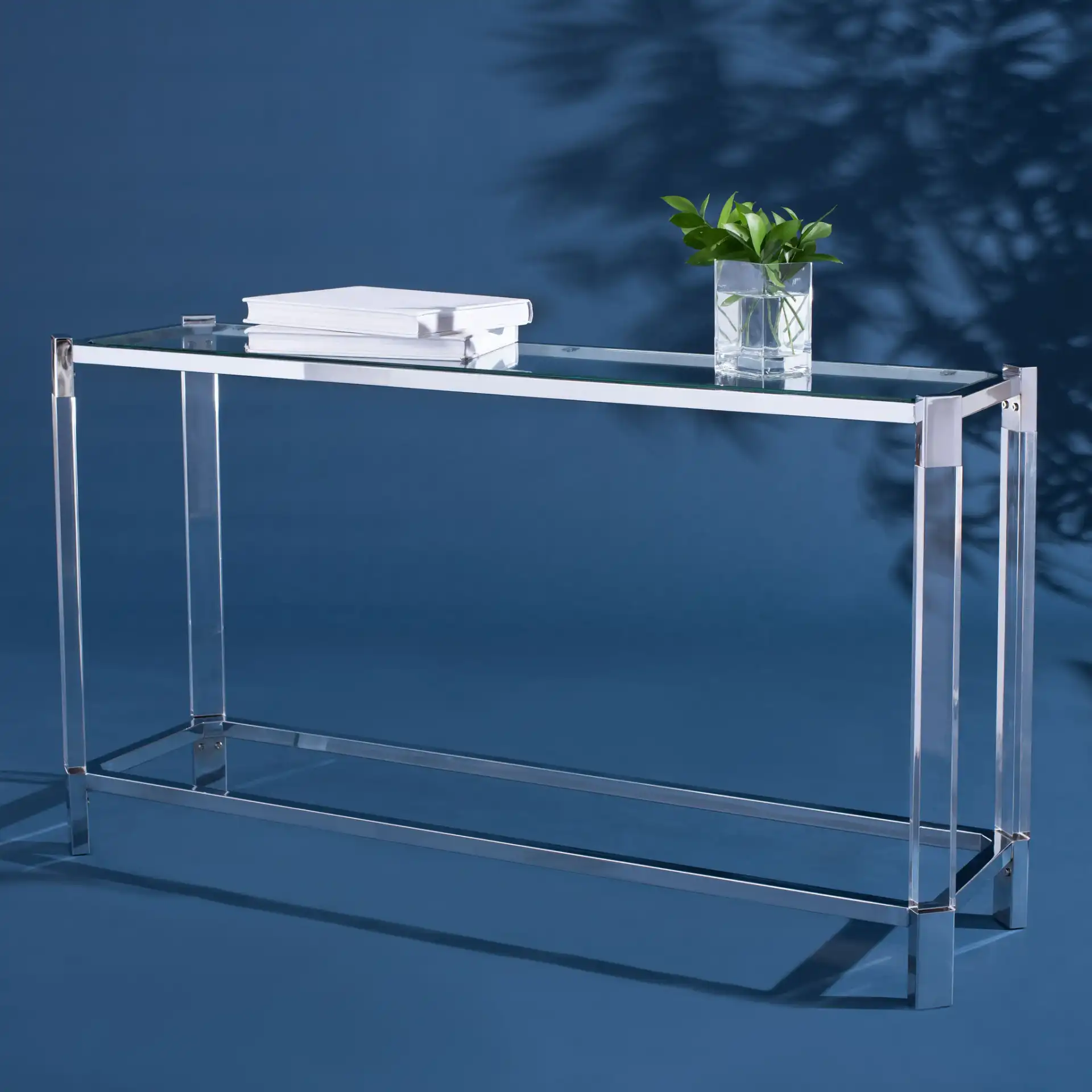 Gianna Acrylic Console Table in Clear in a styled room