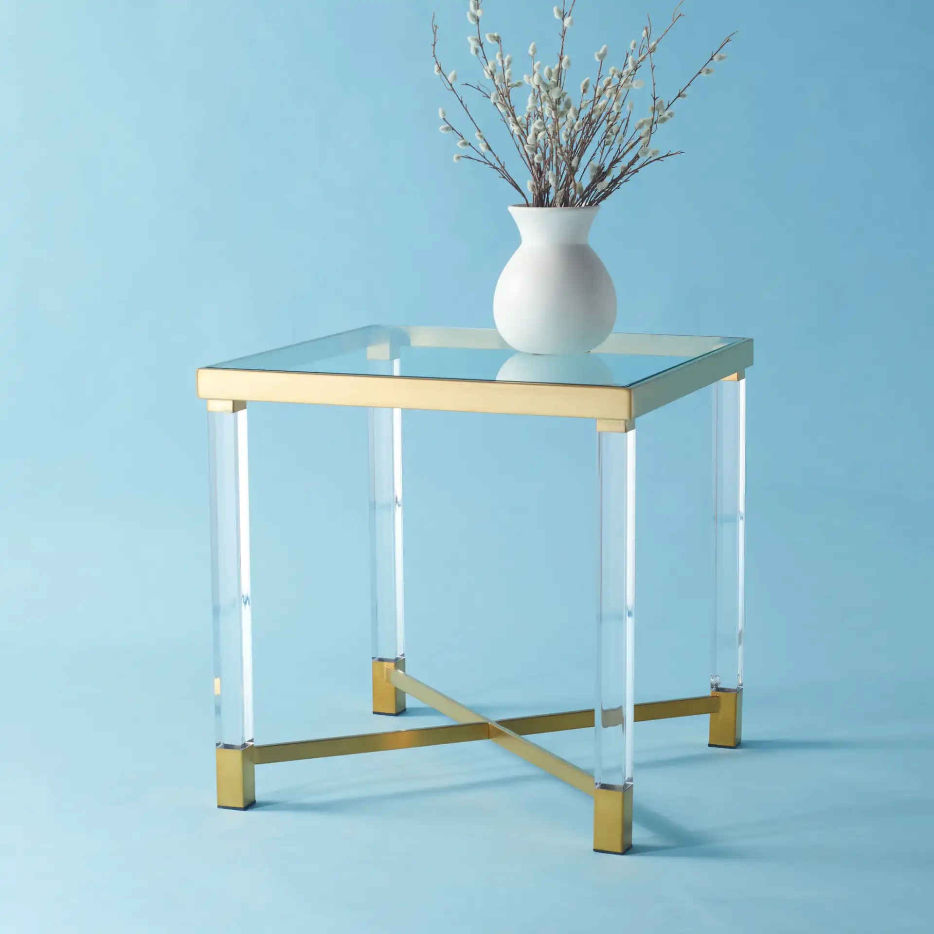 Shawna Acrylic End Table in Silver in a styled room
