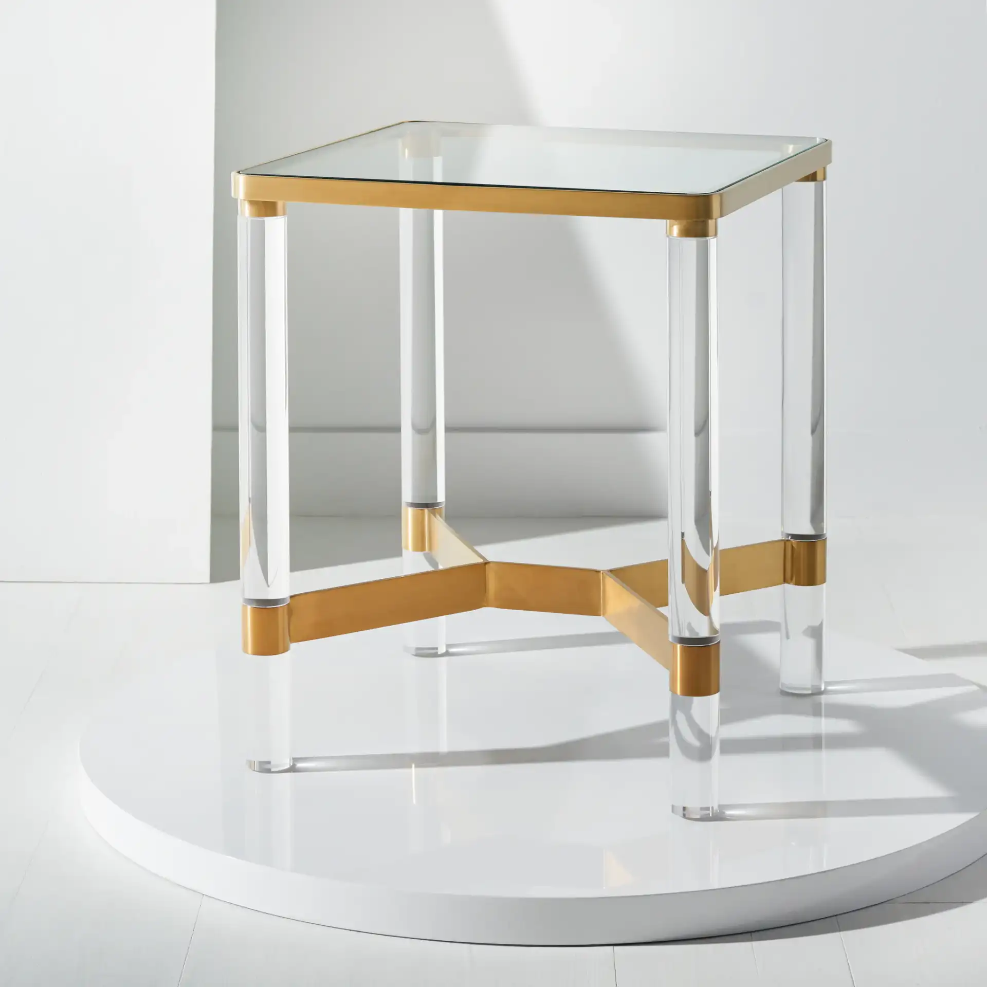 Suzanna Acrylic Accent Table in Silver in a styled room