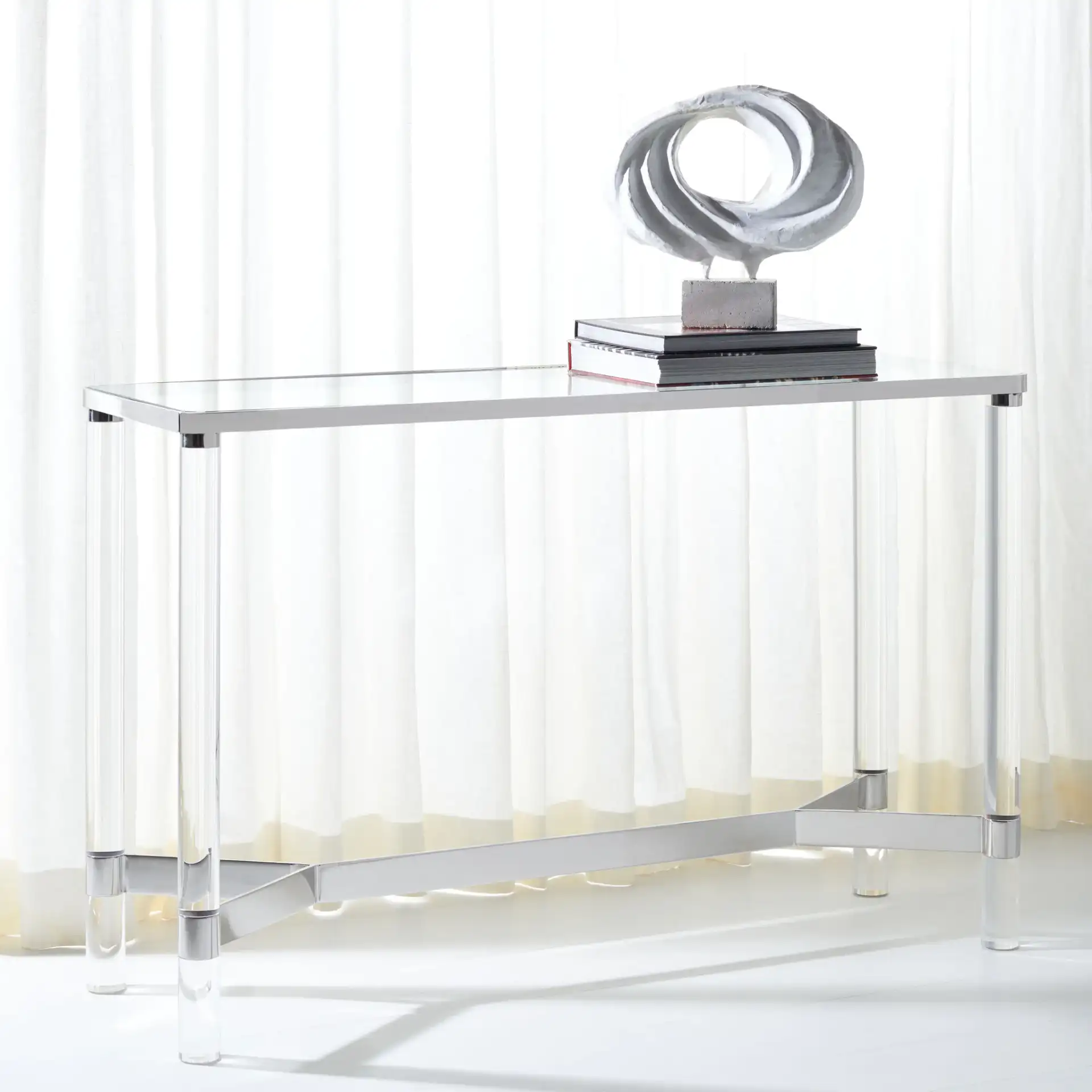Suzanna Acrylic Console Table in Silver in a styled room