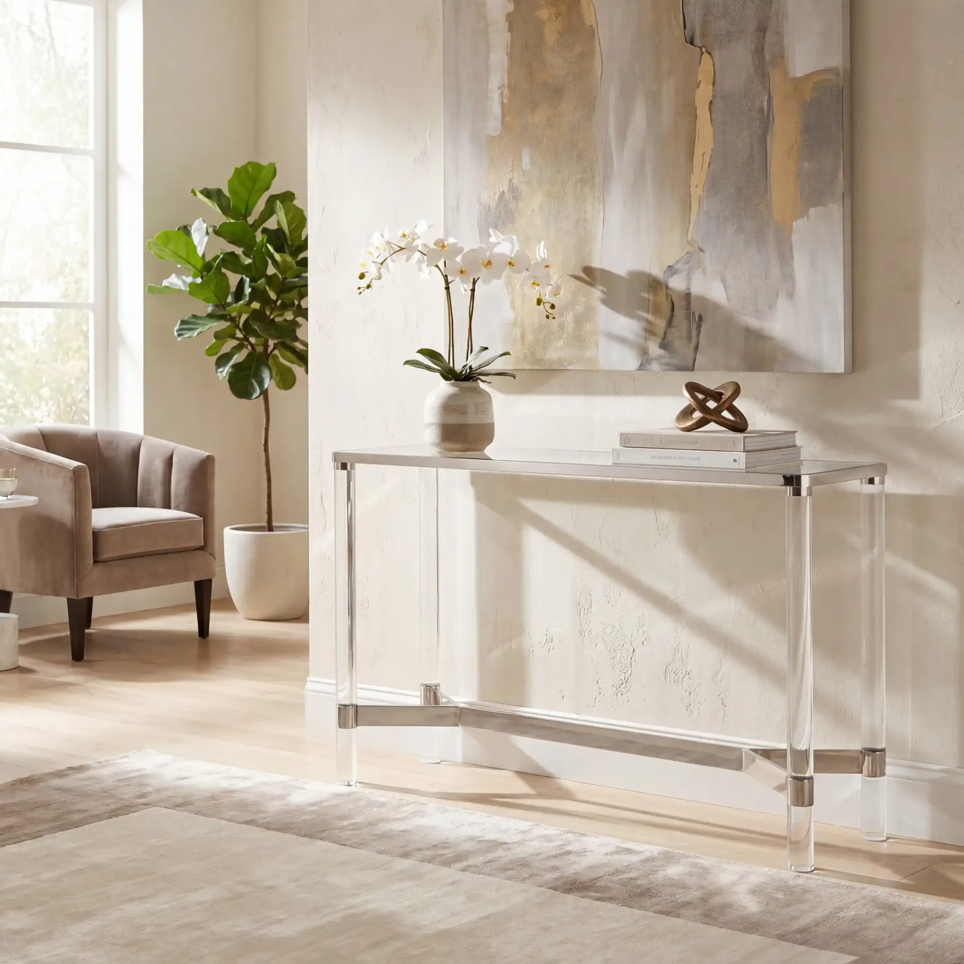 Suzanna Acrylic Console Table in Silver in a styled room