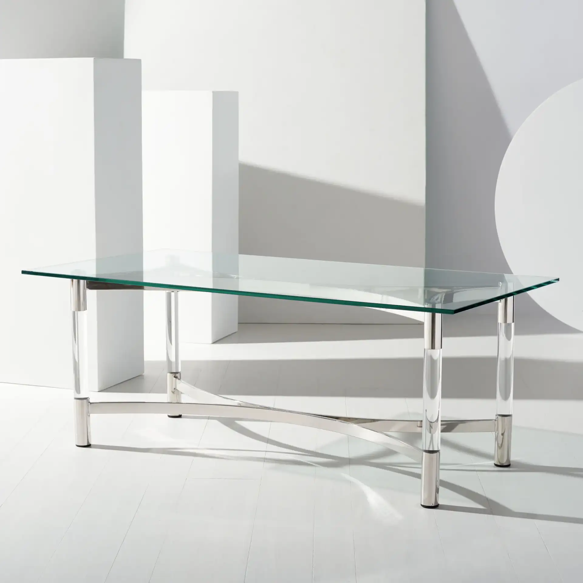 Letty Acrylic Coffee Table in Silver in a styled room