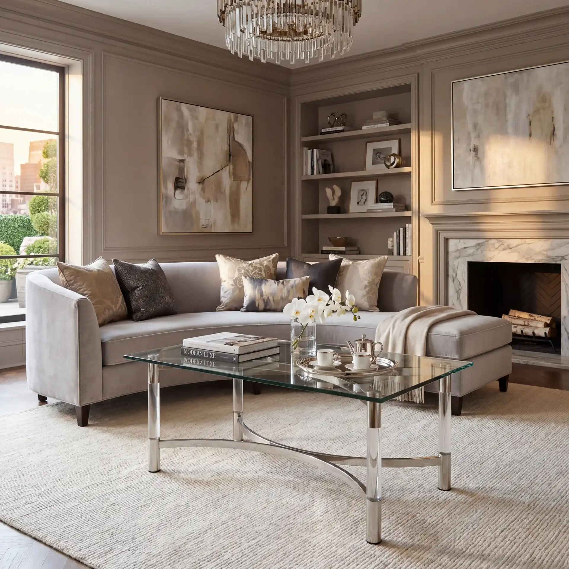 Letty Acrylic Coffee Table in Silver in a styled room