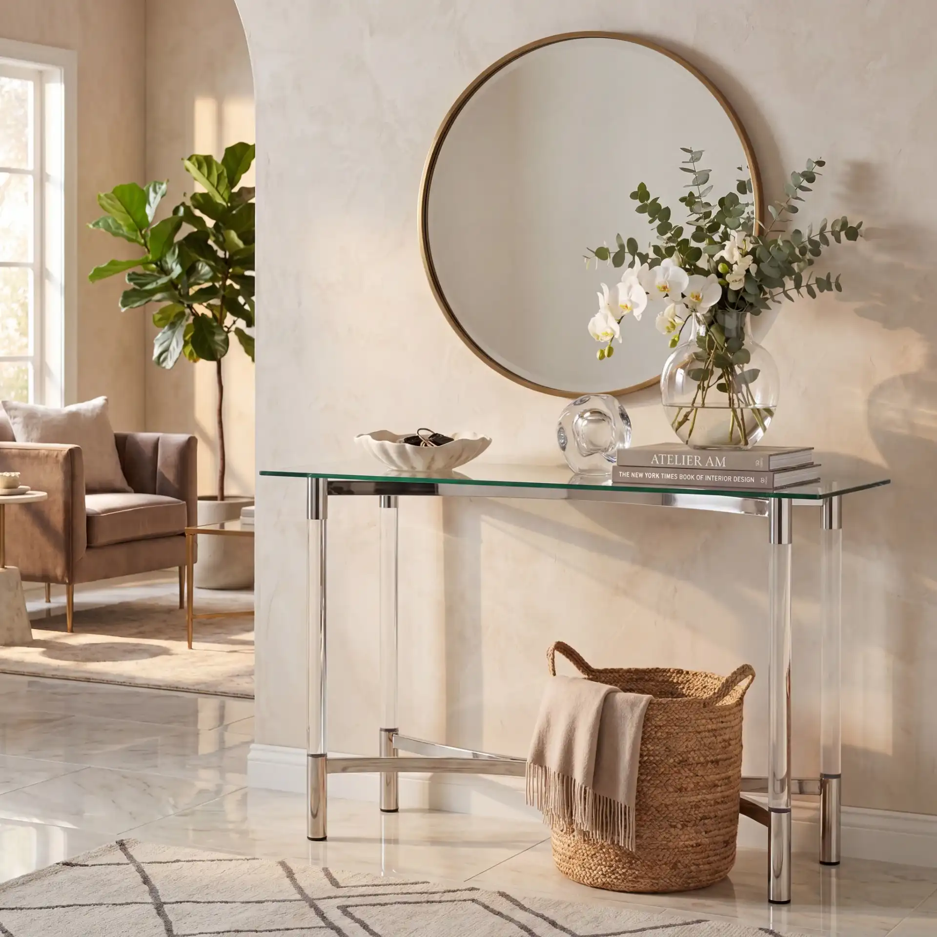 Letty Acrylic Console Table in Silver in a styled room