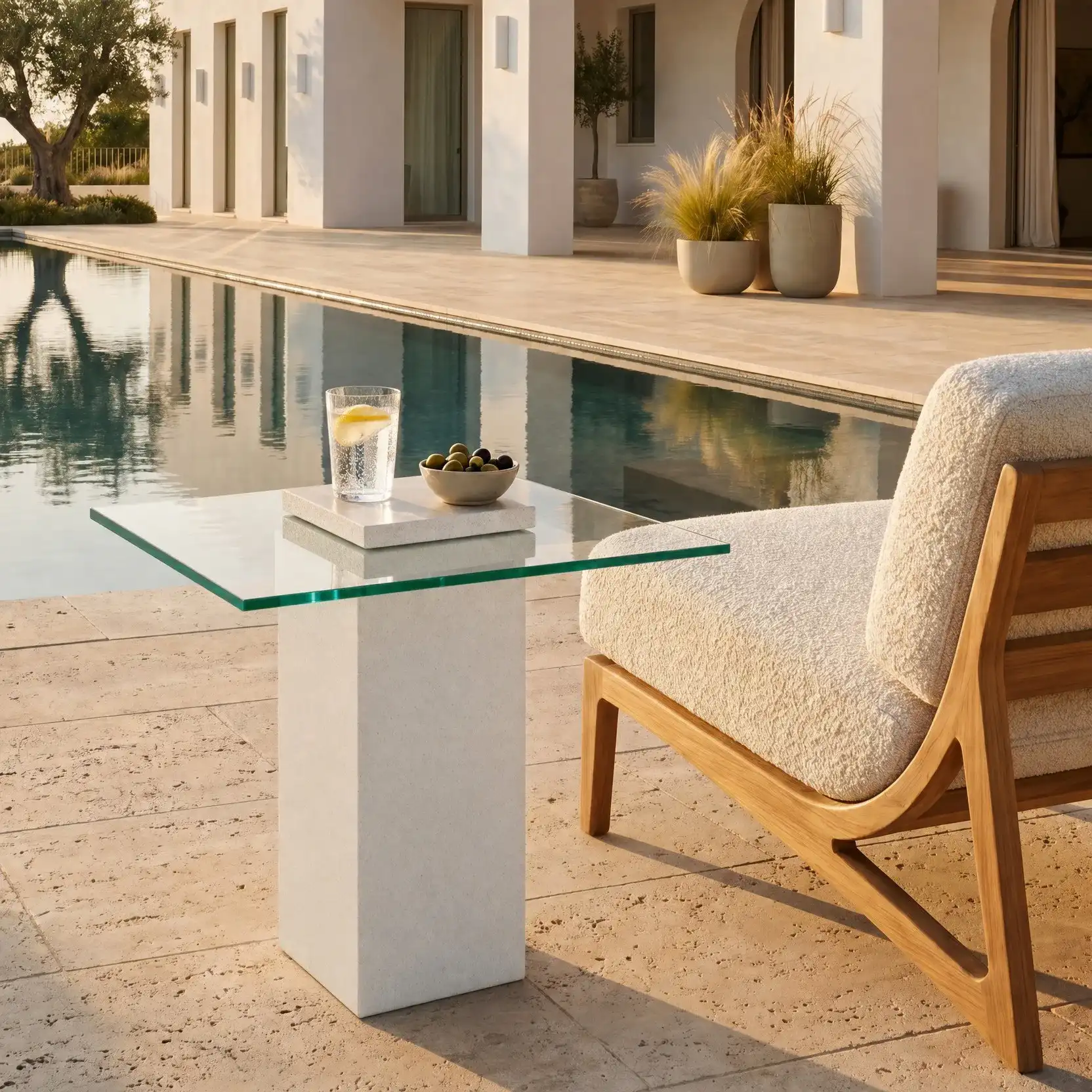 Sophibeth Concrete Accent Table in Ivory / Clear in a styled room