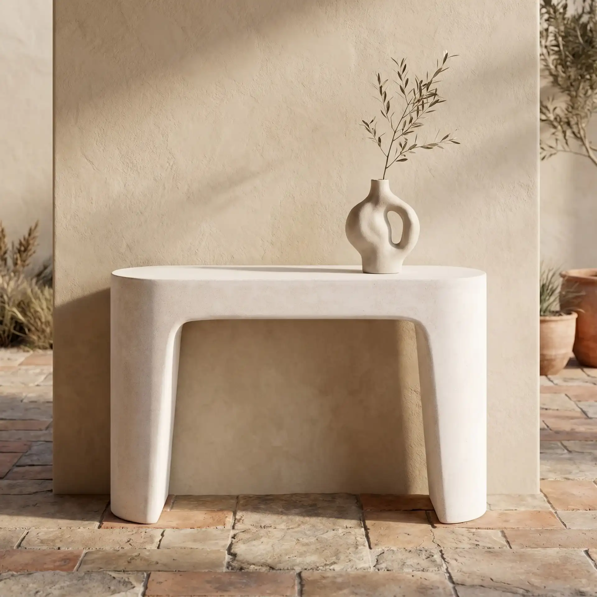 Tolbert Concrete Console Table in Ivory in a styled room