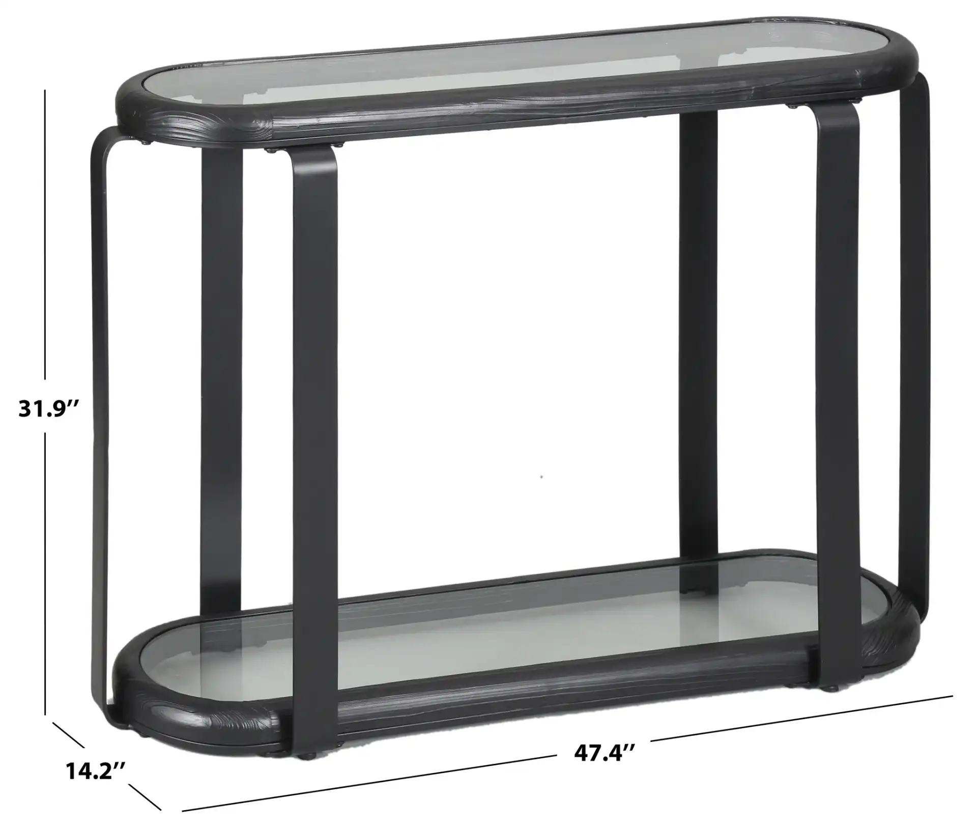 Tyrese Metal Console Table in Black / Clear, detail view