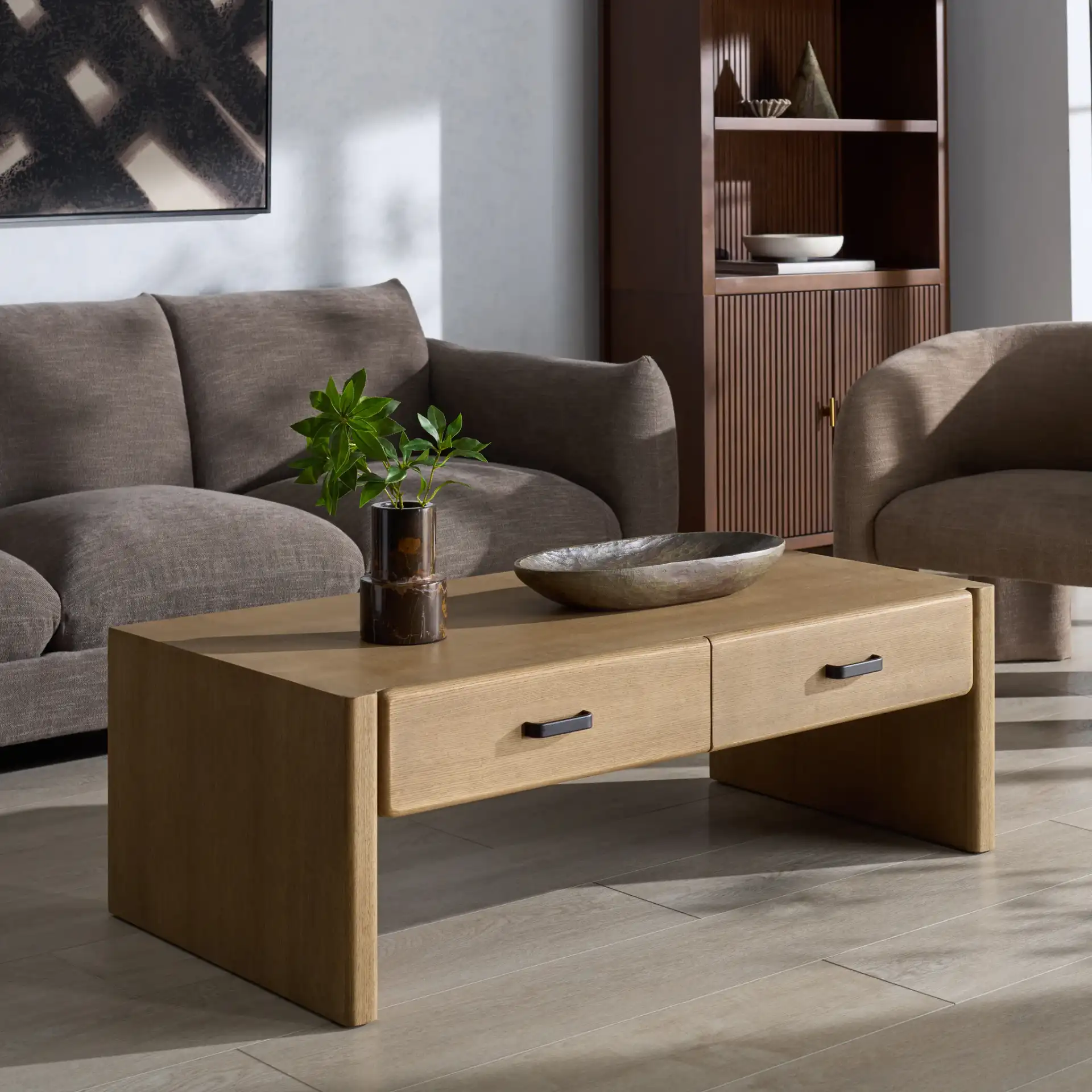 Wynnrosa Two-Drawer Coffee Table in Natural in a styled room