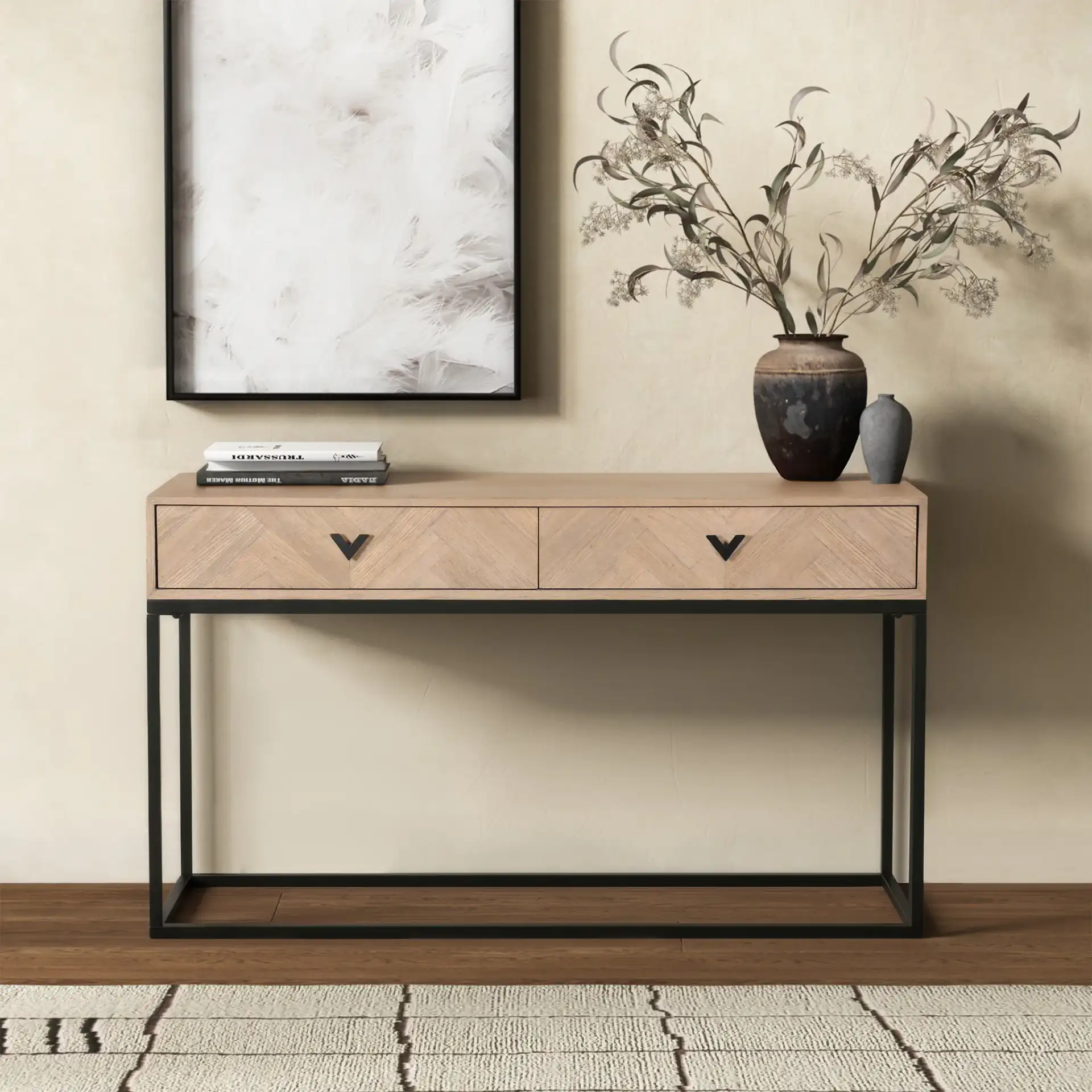 Sherriandra Two-Drawer Console in Natural / Black in a styled room
