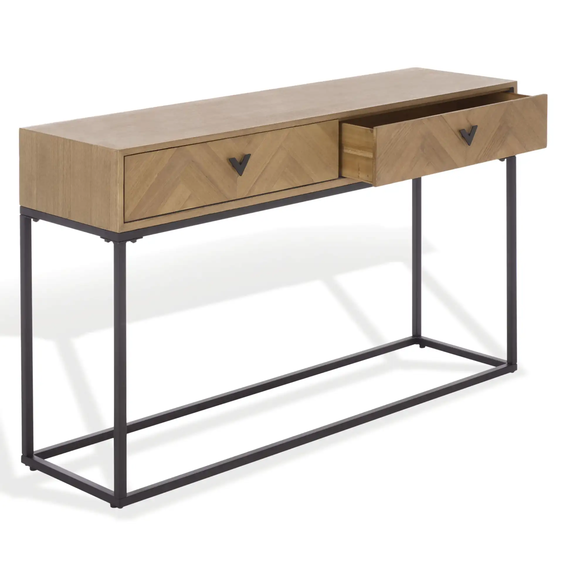 Sherriandra Two-Drawer Console in Natural / Black, detail view