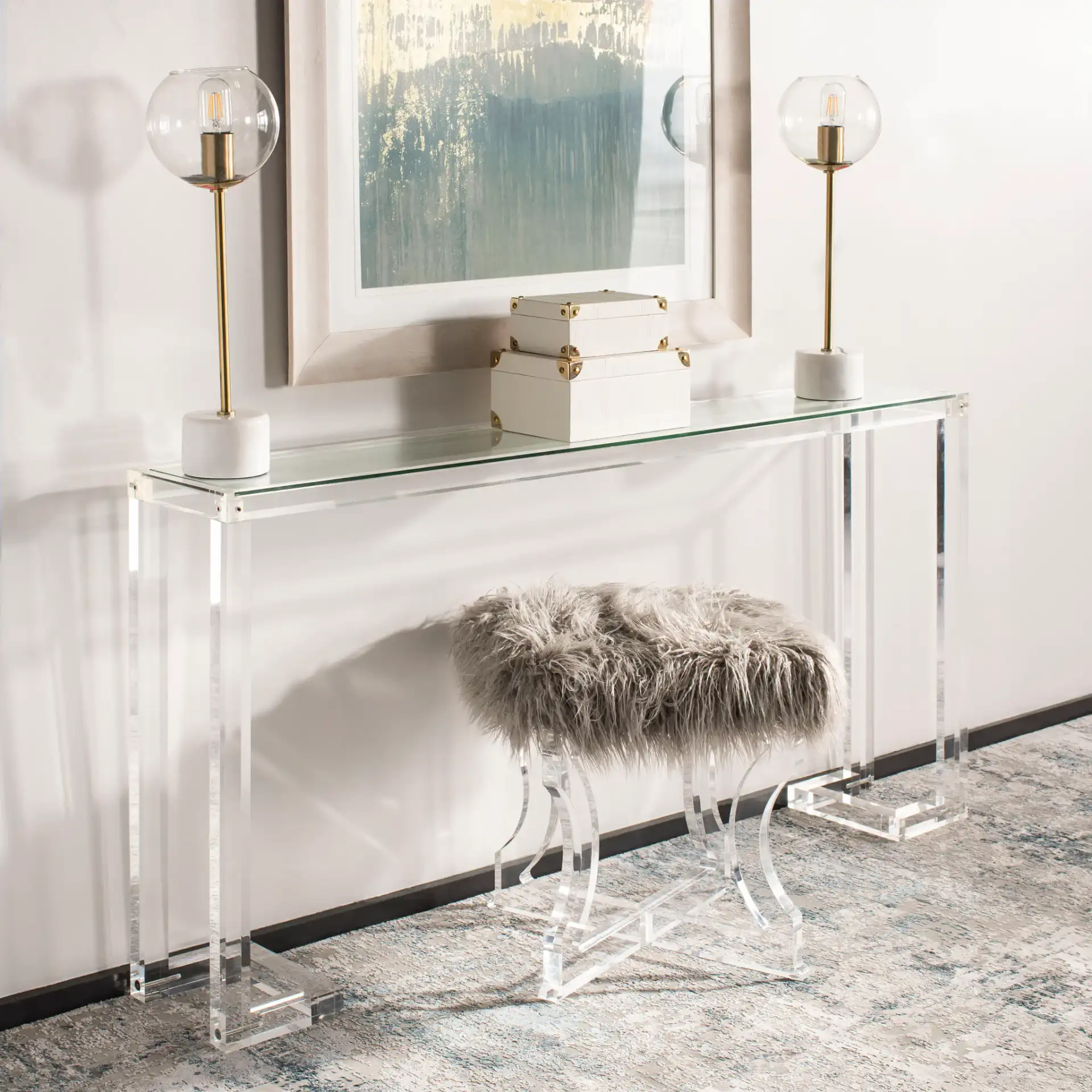 Benji Acrylic Console Table in Black in a styled room