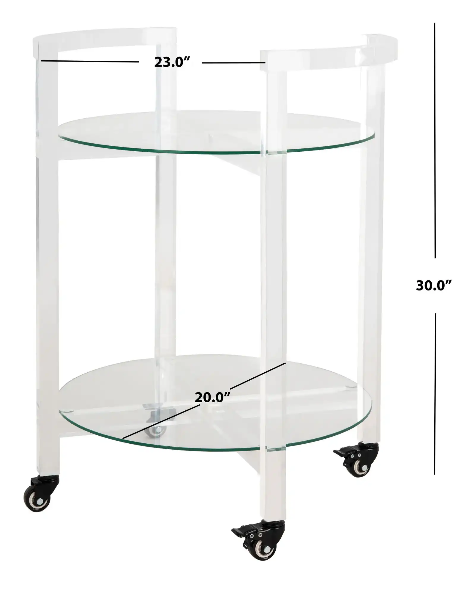 Jules Two-Tier Acrylic Bar Cart in Clear, detail view