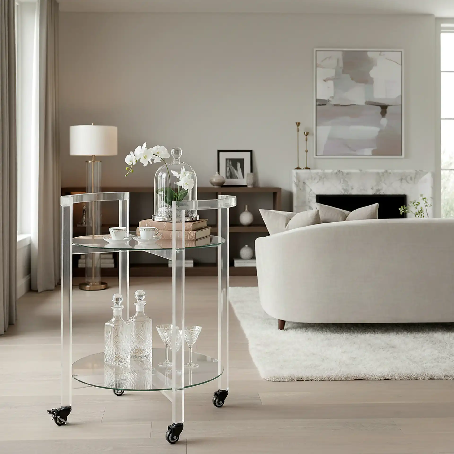 Jules Two-Tier Acrylic Bar Cart in Clear in a styled room
