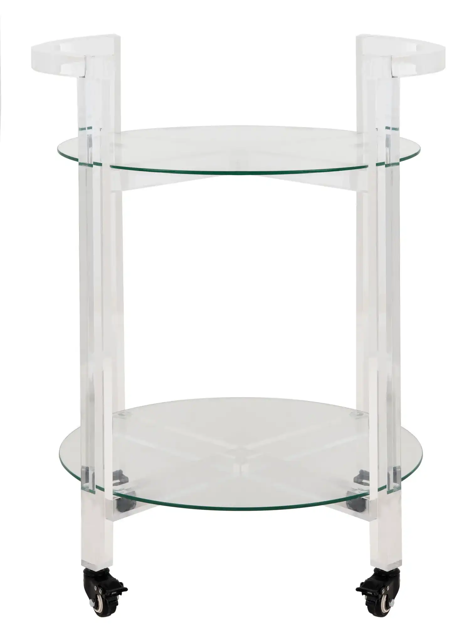 Jules Two-Tier Acrylic Bar Cart in Clear, detail view