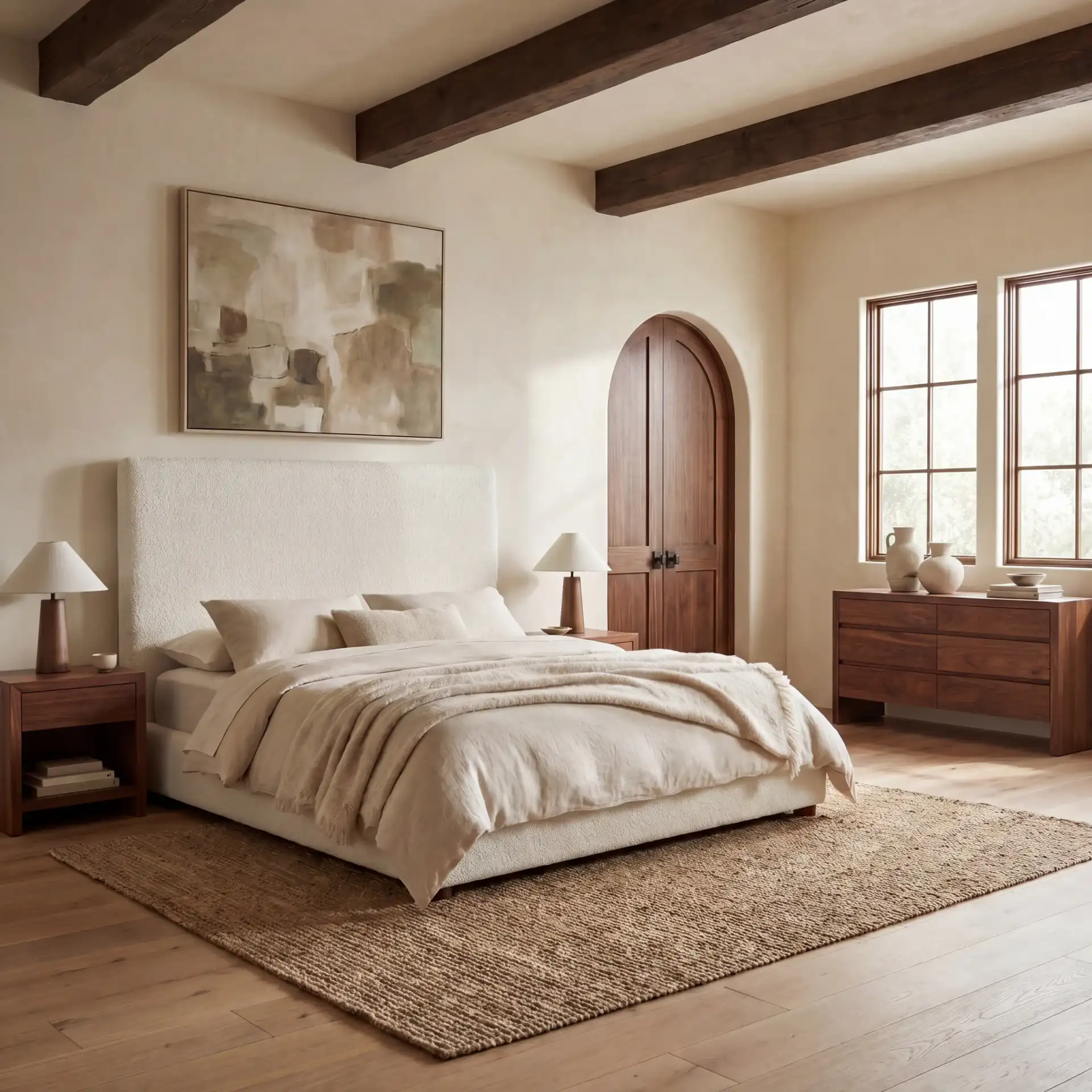 Dwaine Teddy King Bed in White / Natural in a styled room