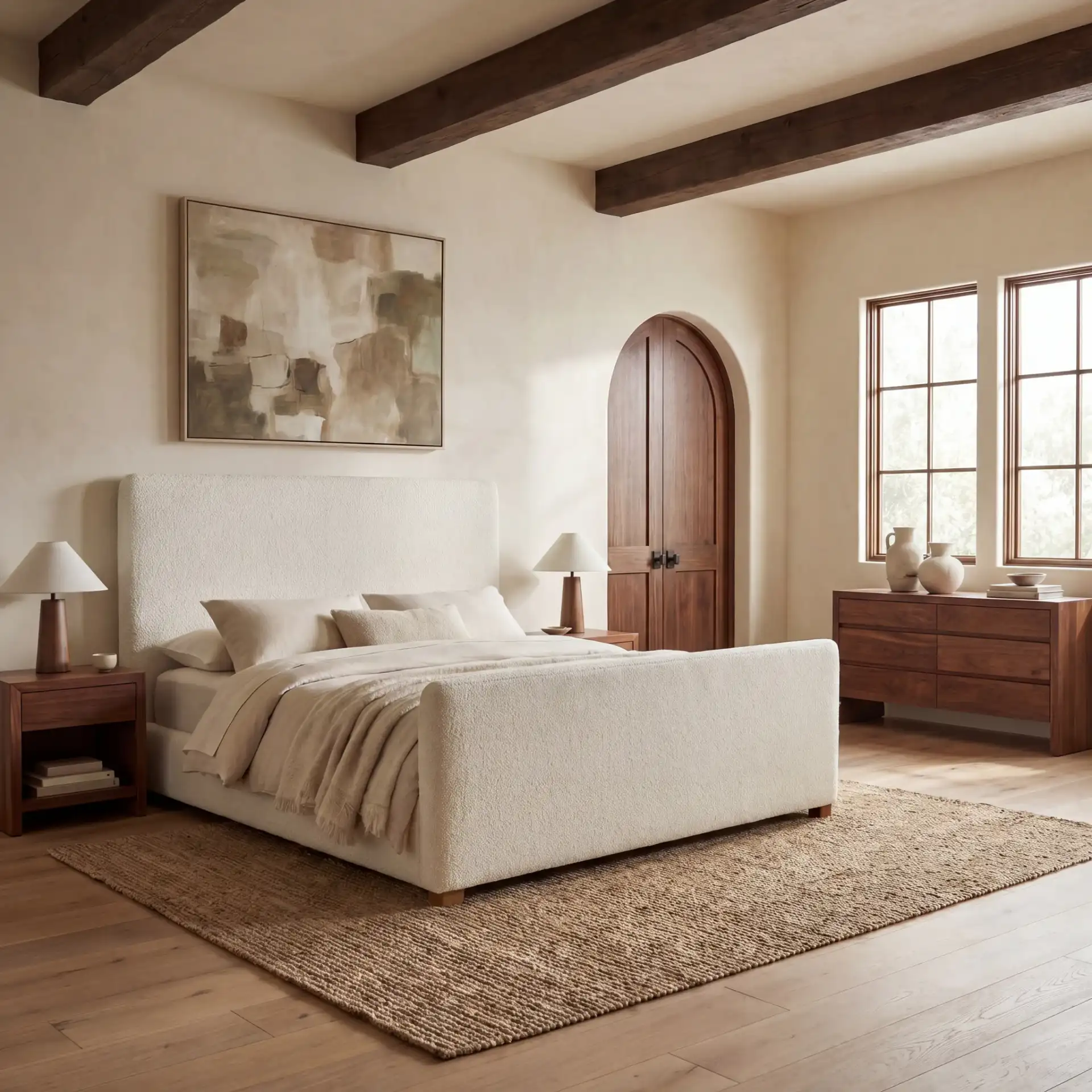 Emani Teddy King Sleigh Bed in White / Natural in a styled room
