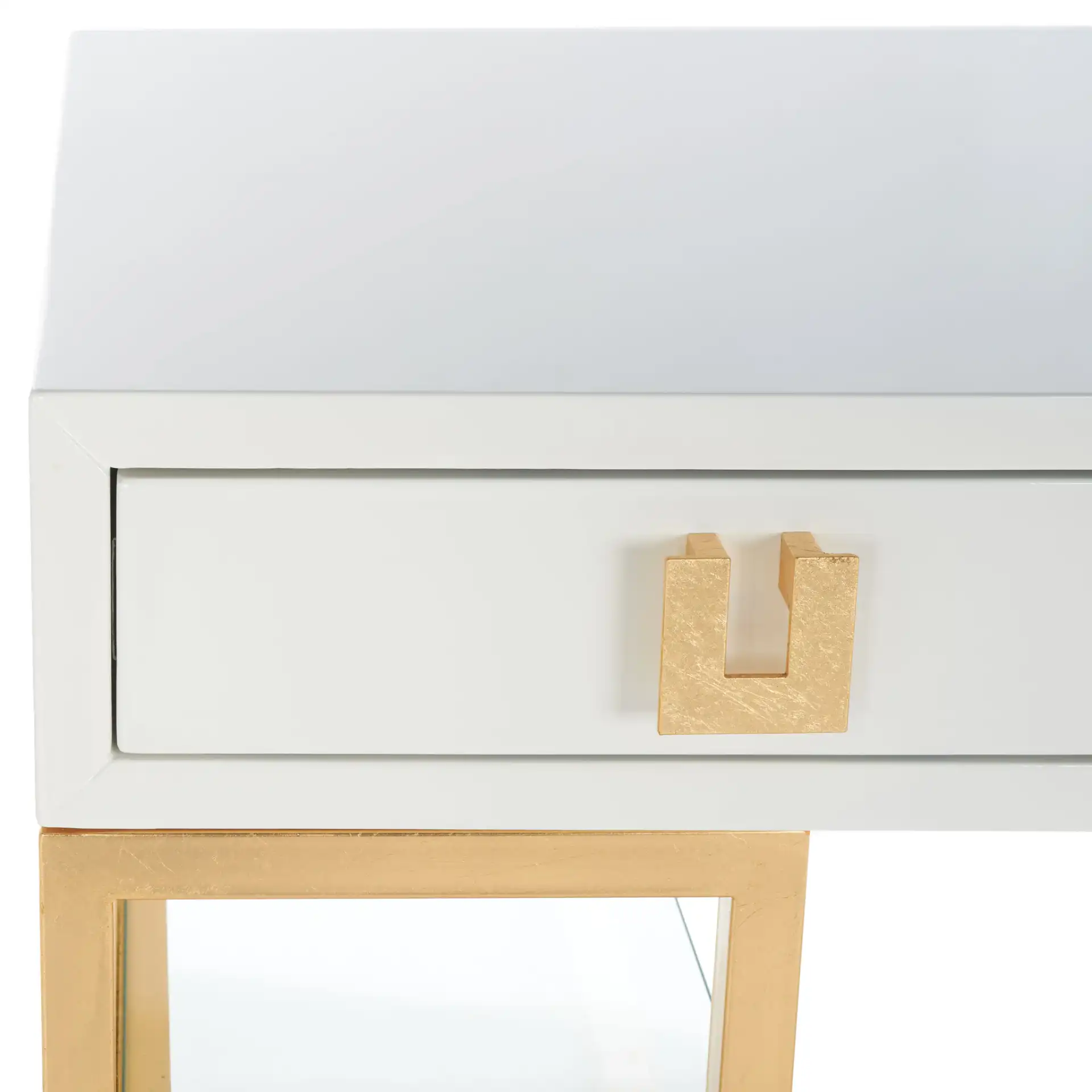 Neria Writing Desk in White / Gold in a styled room
