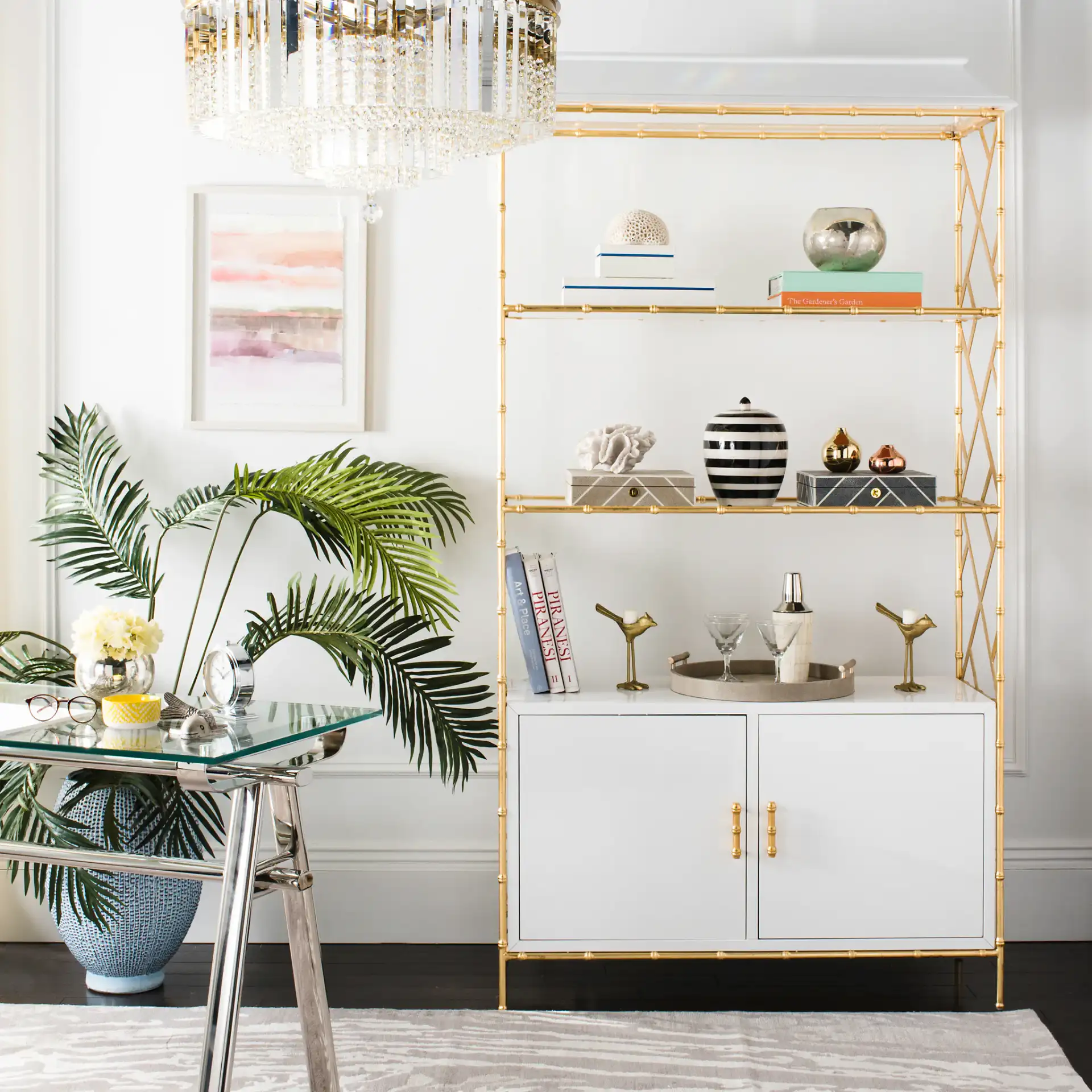 Adelia Bookshelf in White / Gold in a styled room
