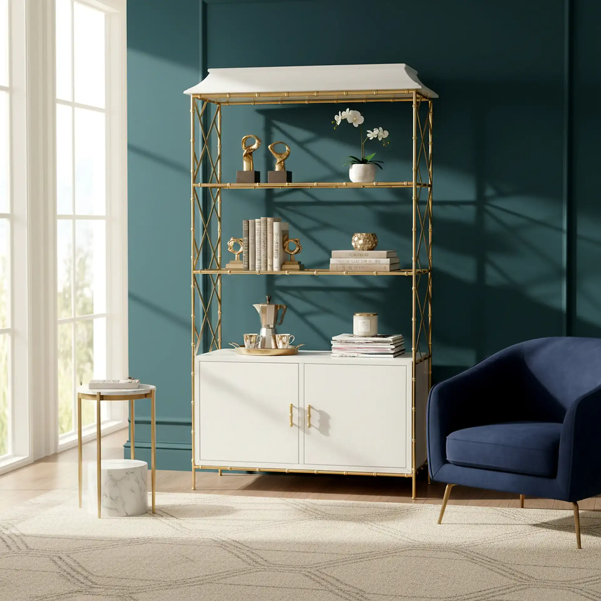 Adelia Bookshelf in White / Gold in a styled room