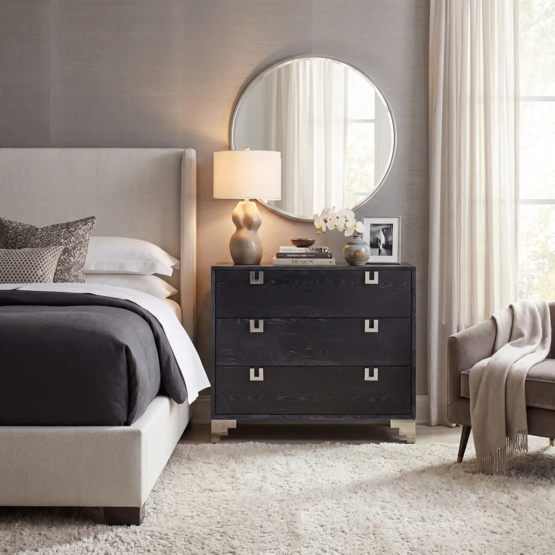 Odalis Chest Of Drawers in Black Cerused Oak in a styled room