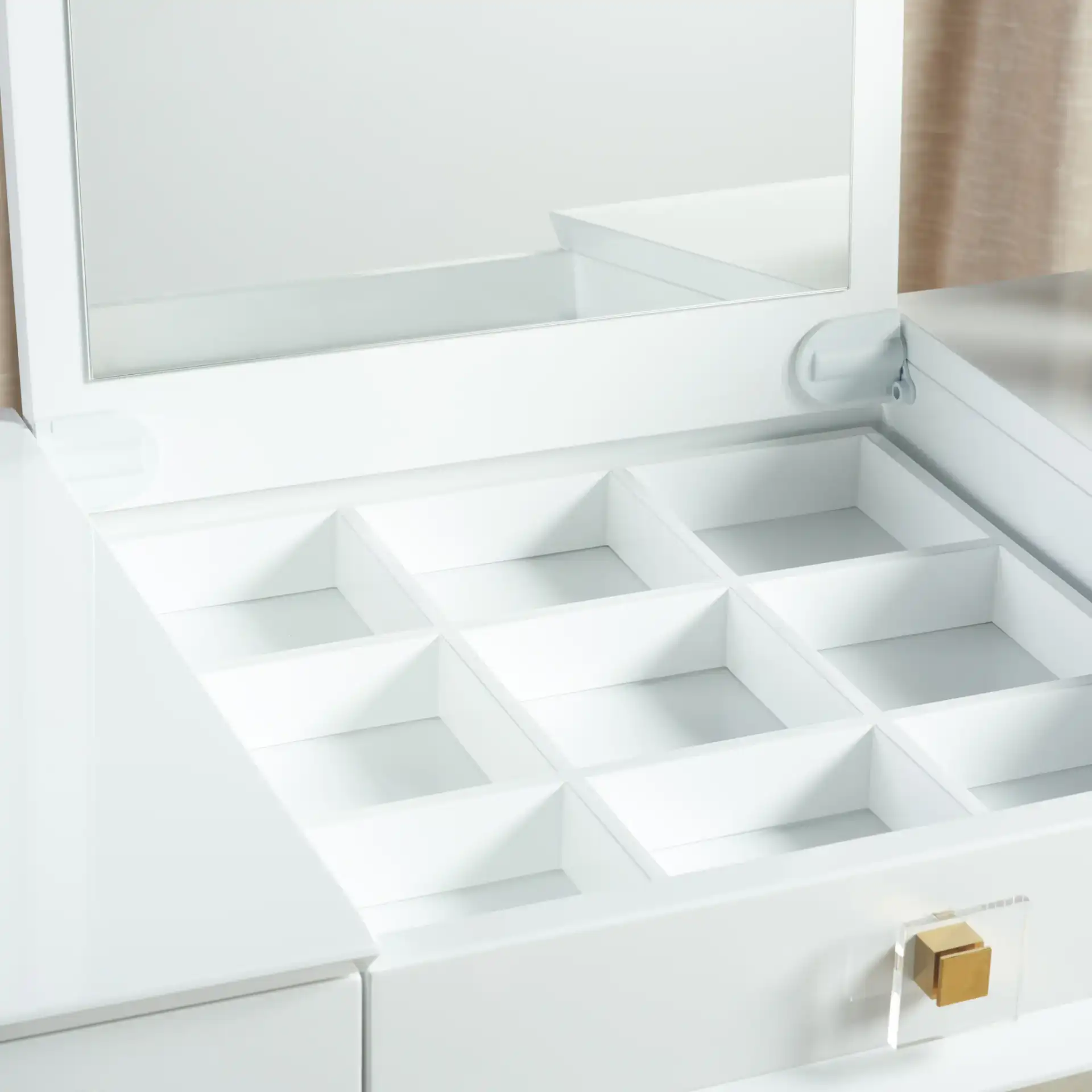 Yesenia Vanity Table in White / Gold in a styled room