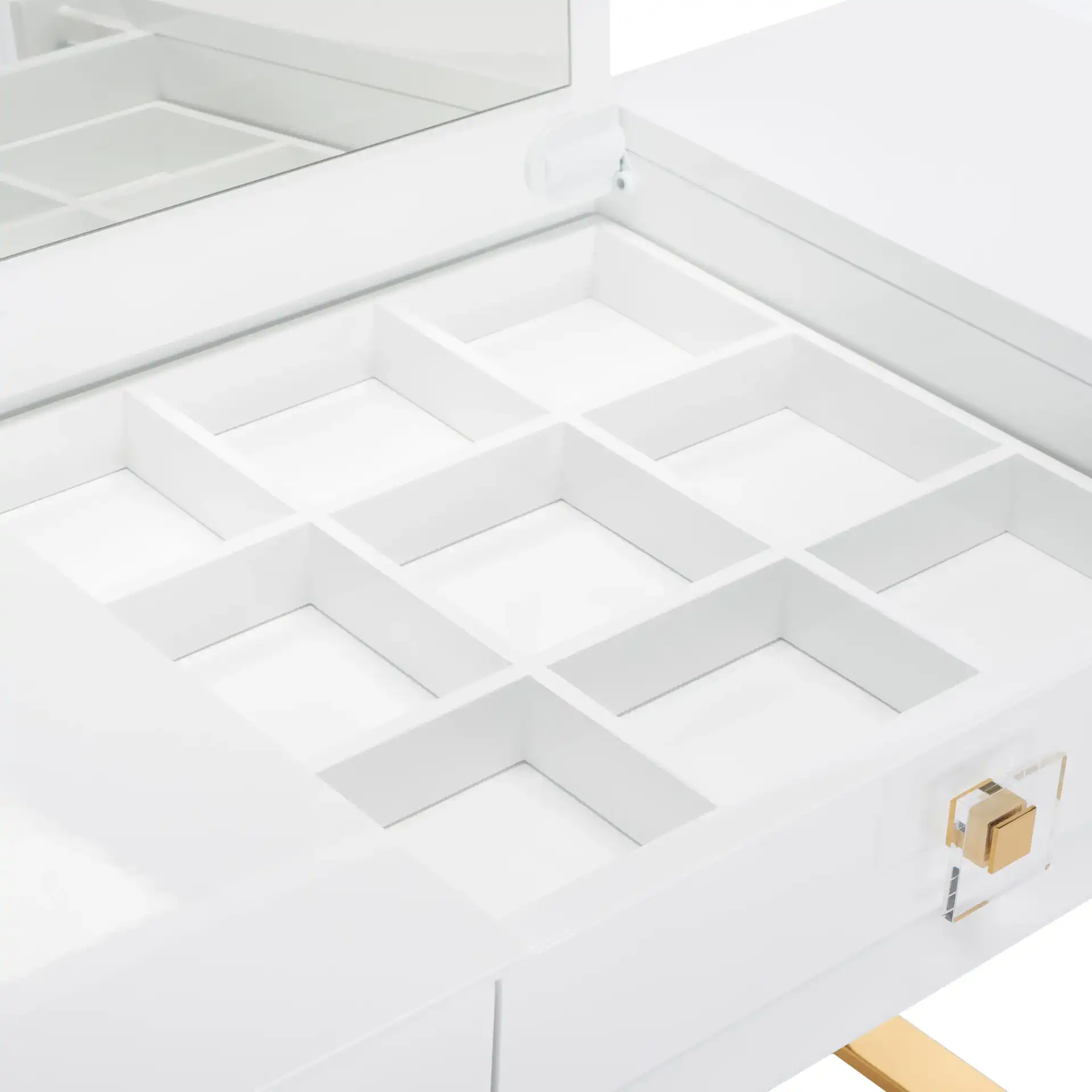 Yesenia Vanity Table in White / Gold in a styled room