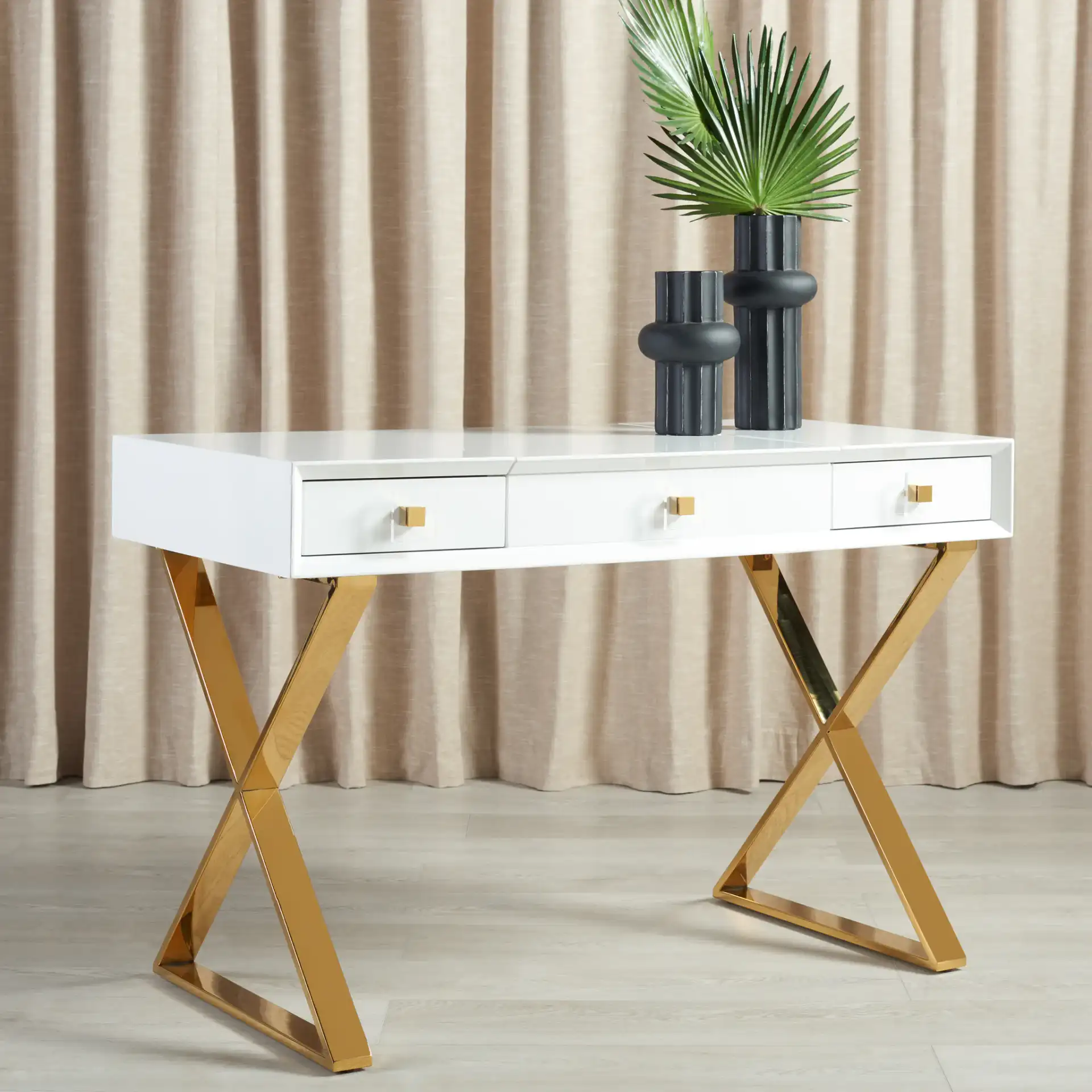 Yesenia Vanity Table in White / Gold in a styled room