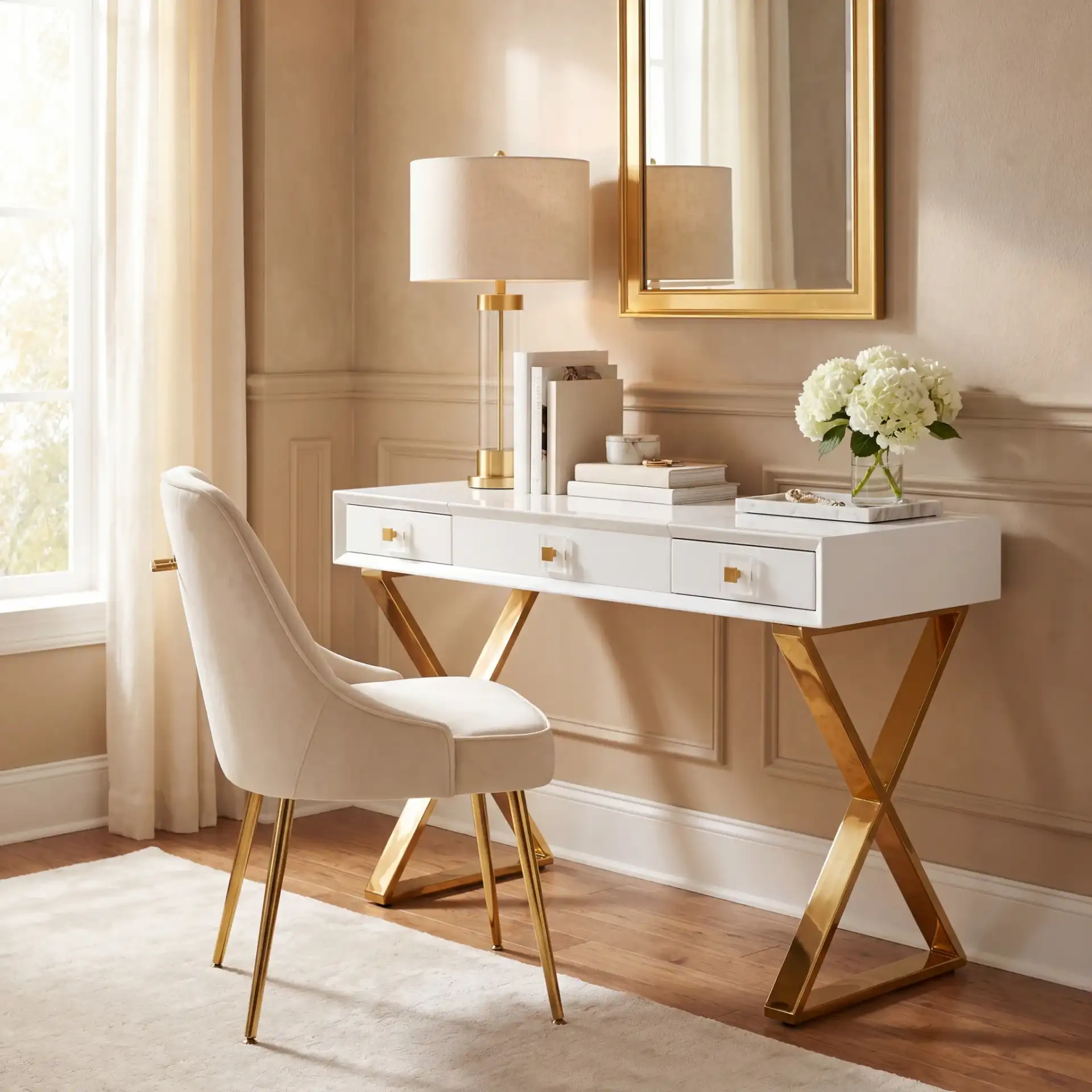 Yesenia Vanity Table in White / Gold in a styled room