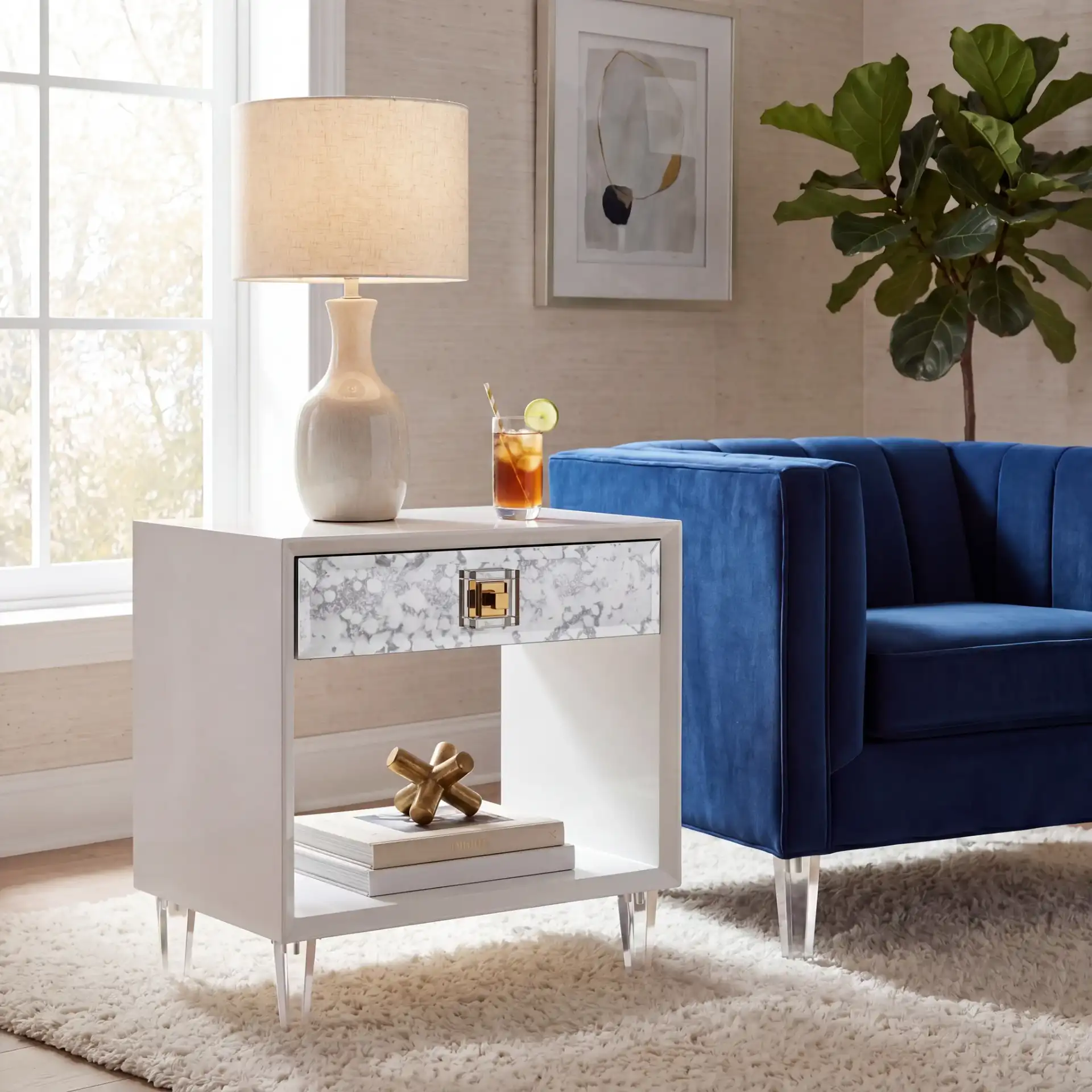 Arcelia Eglomise Side Table in White in a styled room