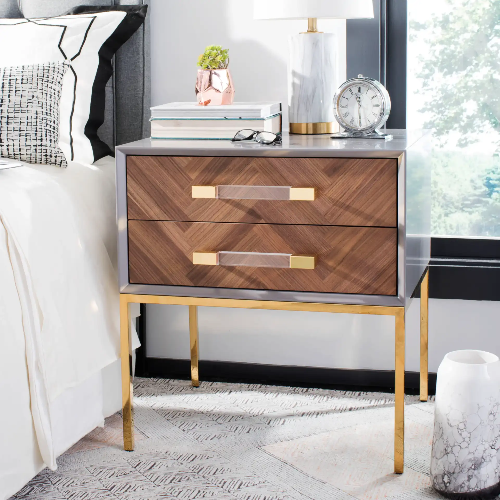 Sanford Two-Drawer Side Table in Black Cerused Oak in a styled room