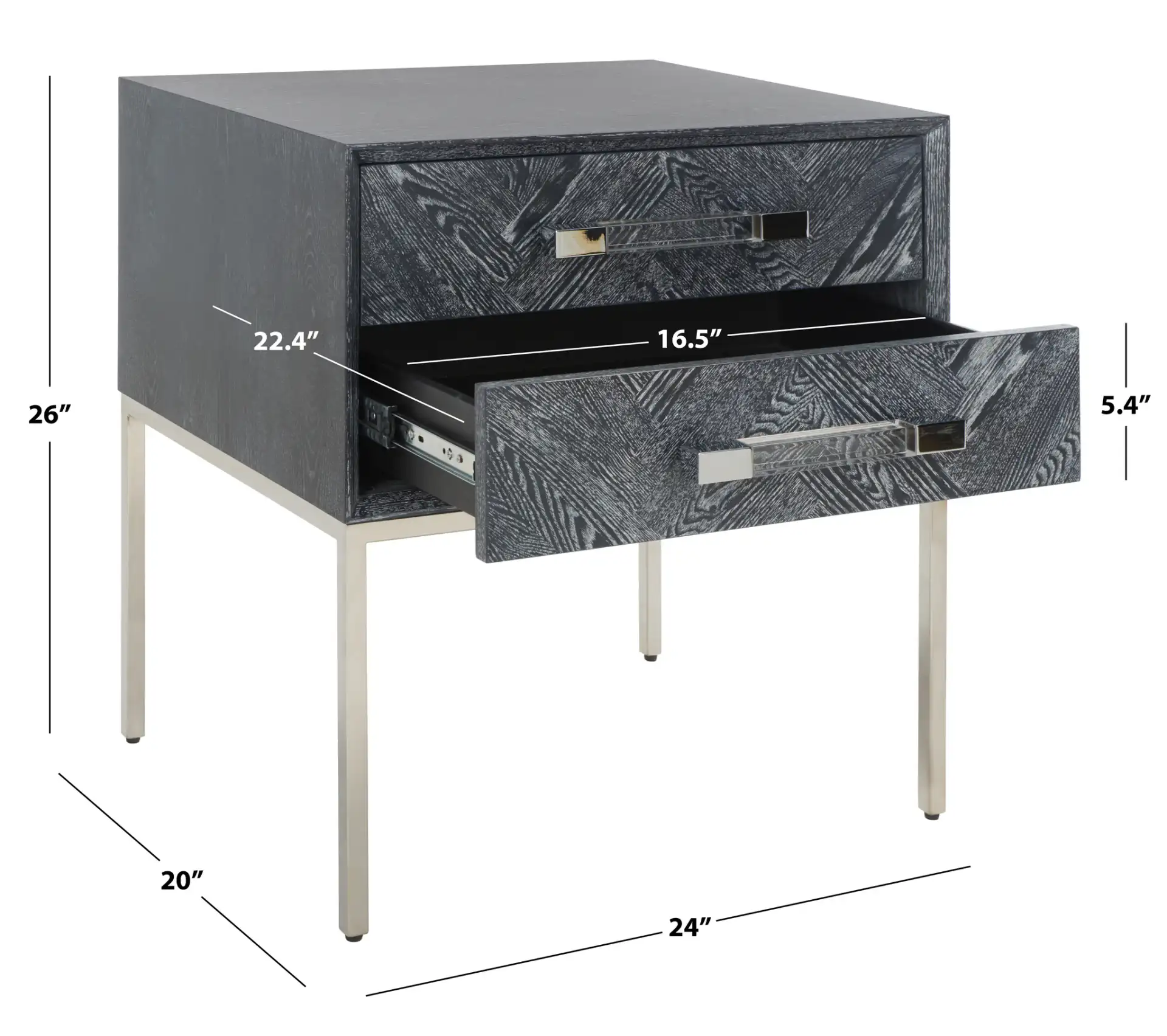 Sanford Two-Drawer Side Table in Black Cerused Oak, detail view