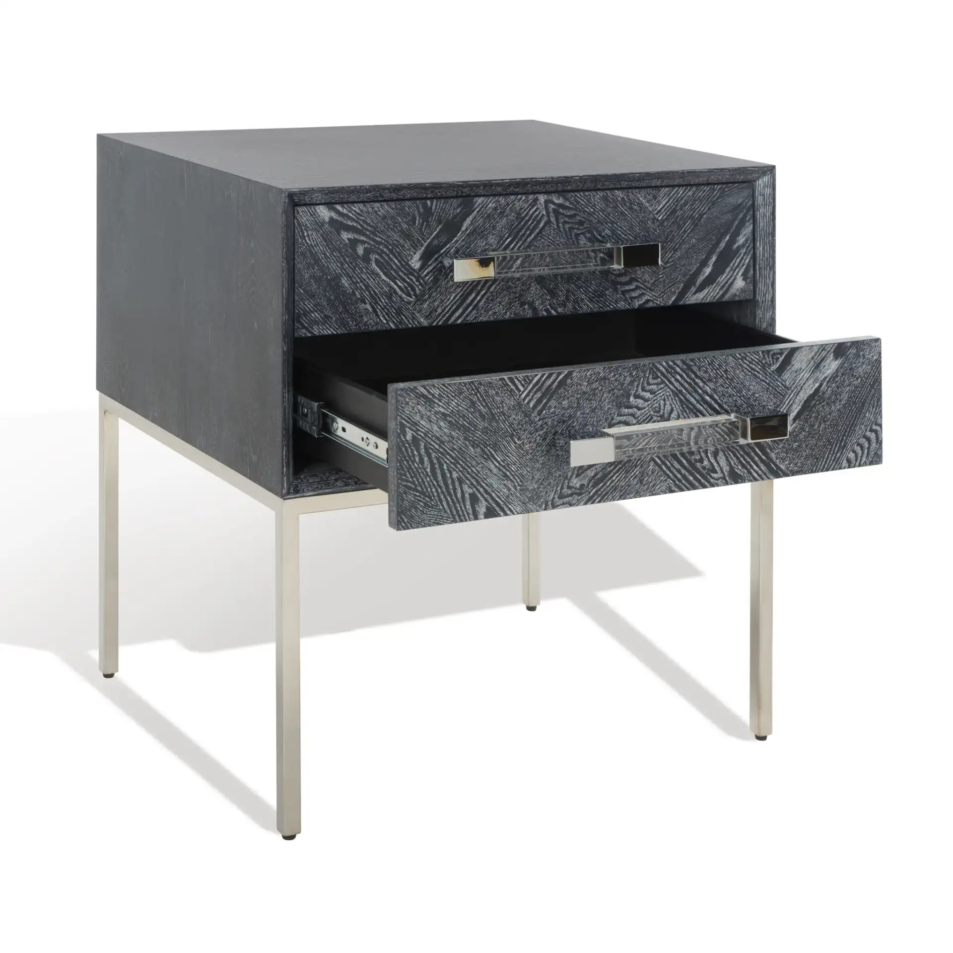 Sanford Two-Drawer Side Table in Black Cerused Oak, detail view