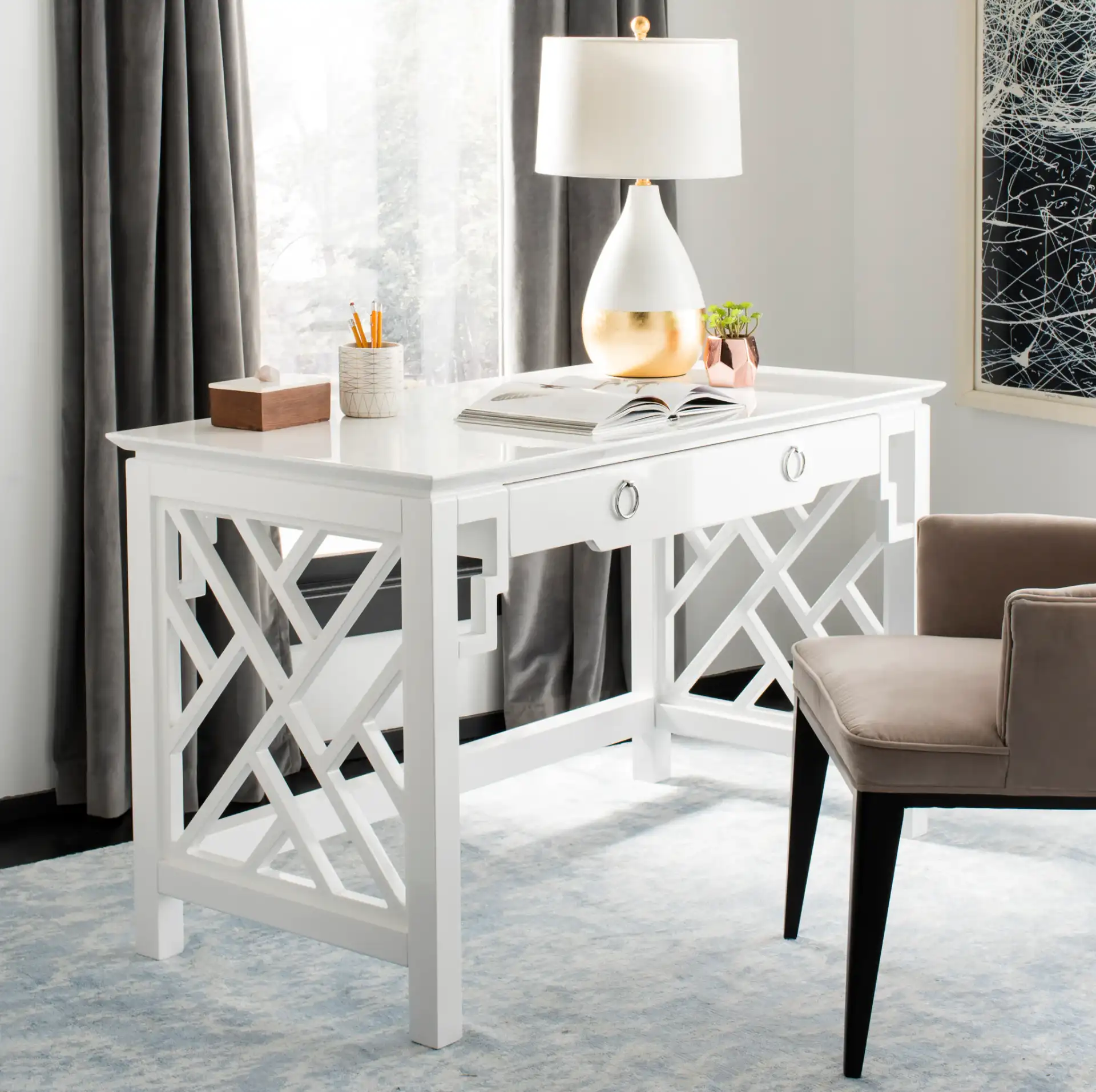 Oren Lacquer Desk in White in a styled room