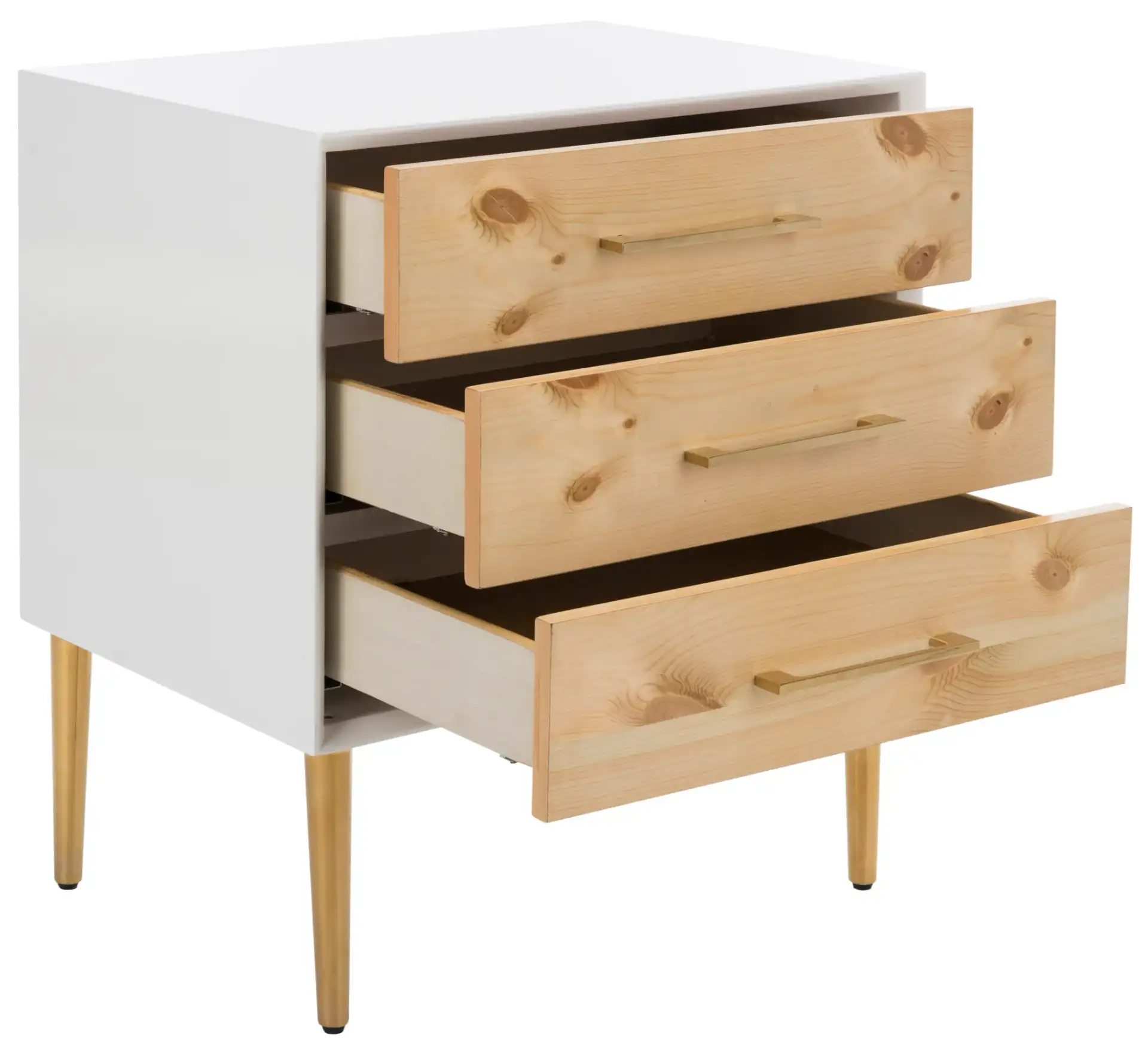 Vanda Three-Drawer Side Table in White, detail view