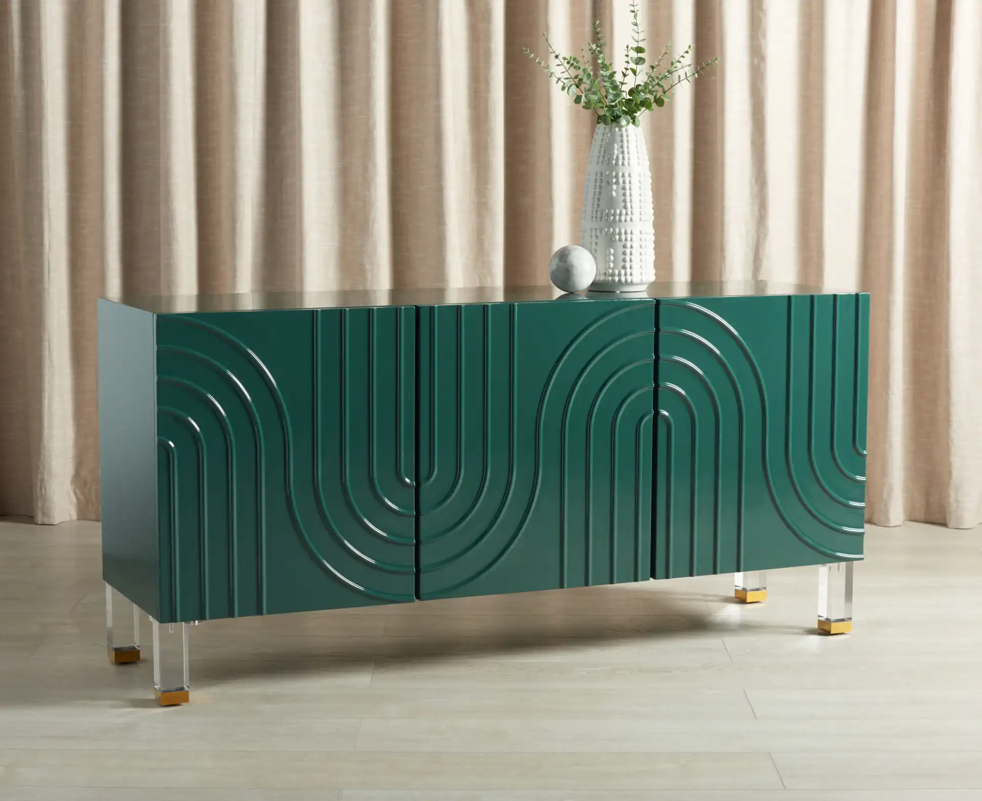 Saturn Wave Acrylic Sideboard in Moss in a styled room