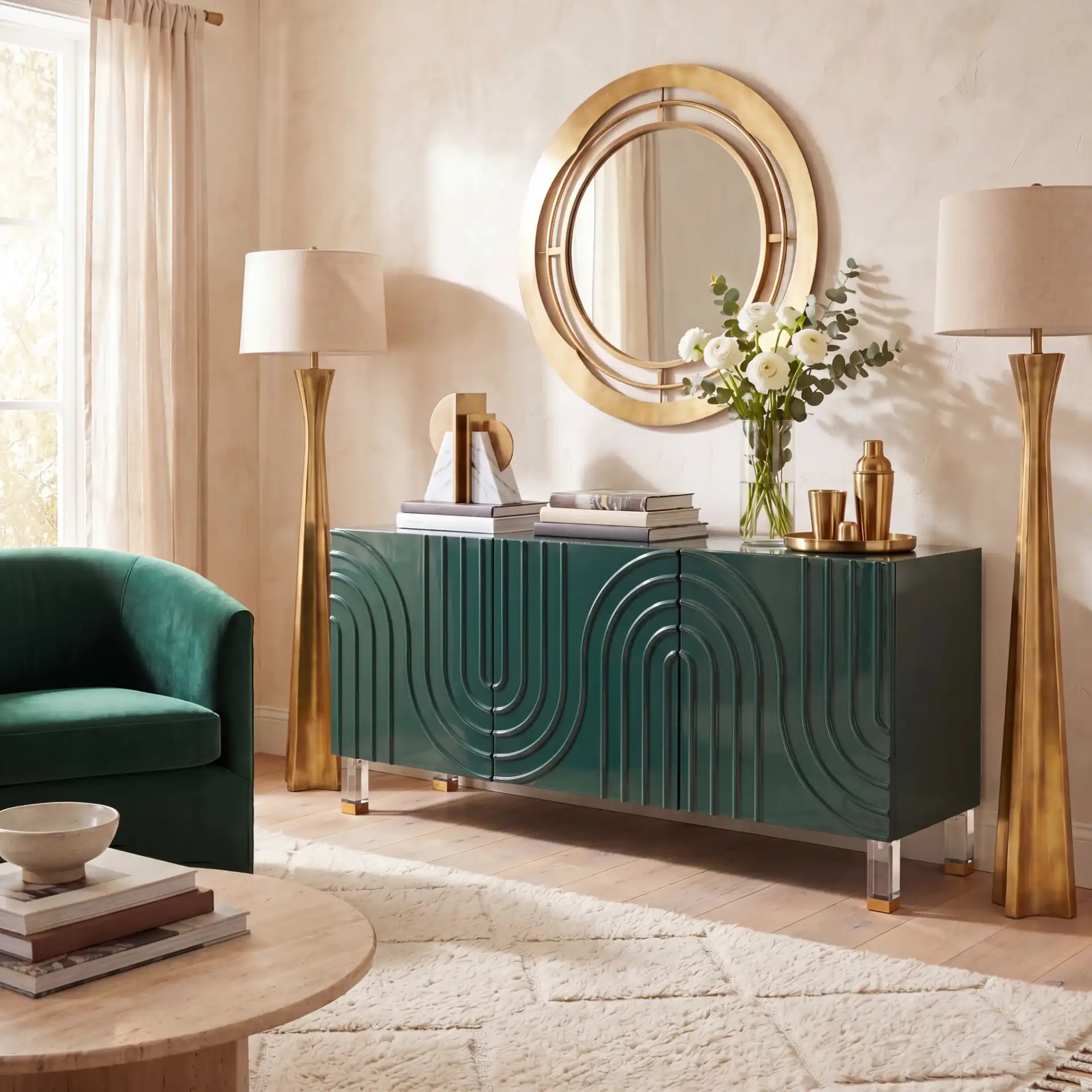 Saturn Wave Acrylic Sideboard in Moss in a styled room