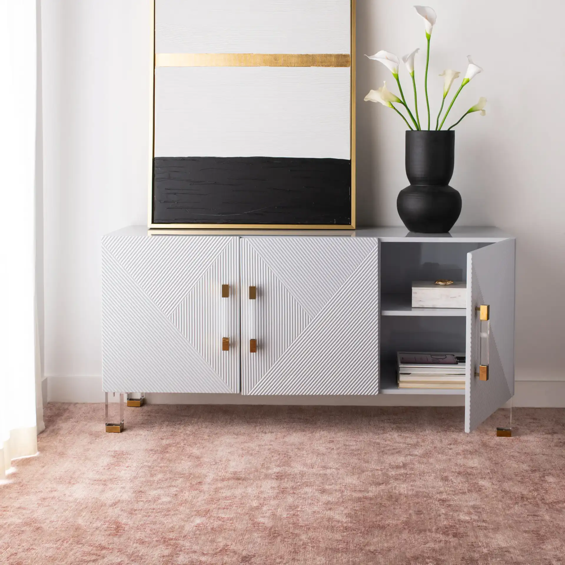 Poppy Three-Door Sideboard in Grey, detail view