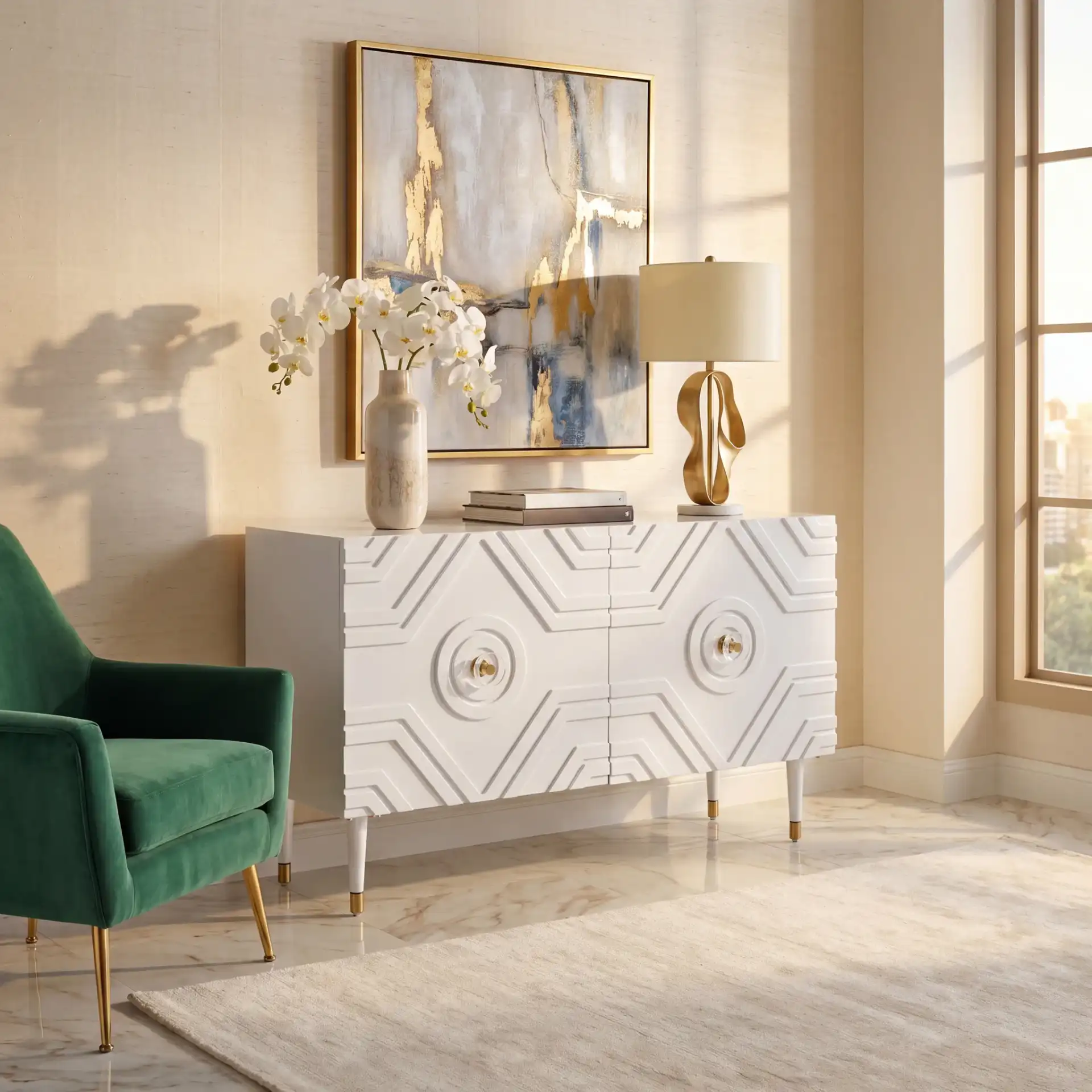 Zayn Diamond Sideboard in Light Gray / Gold in a styled room
