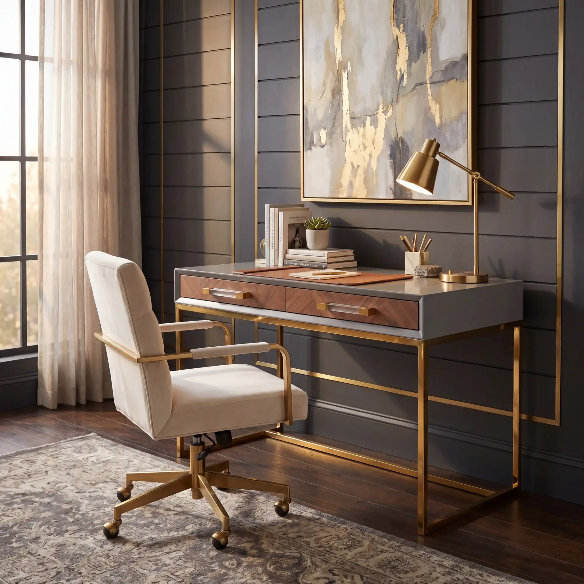Marty Modern Desk in Grey in a styled room