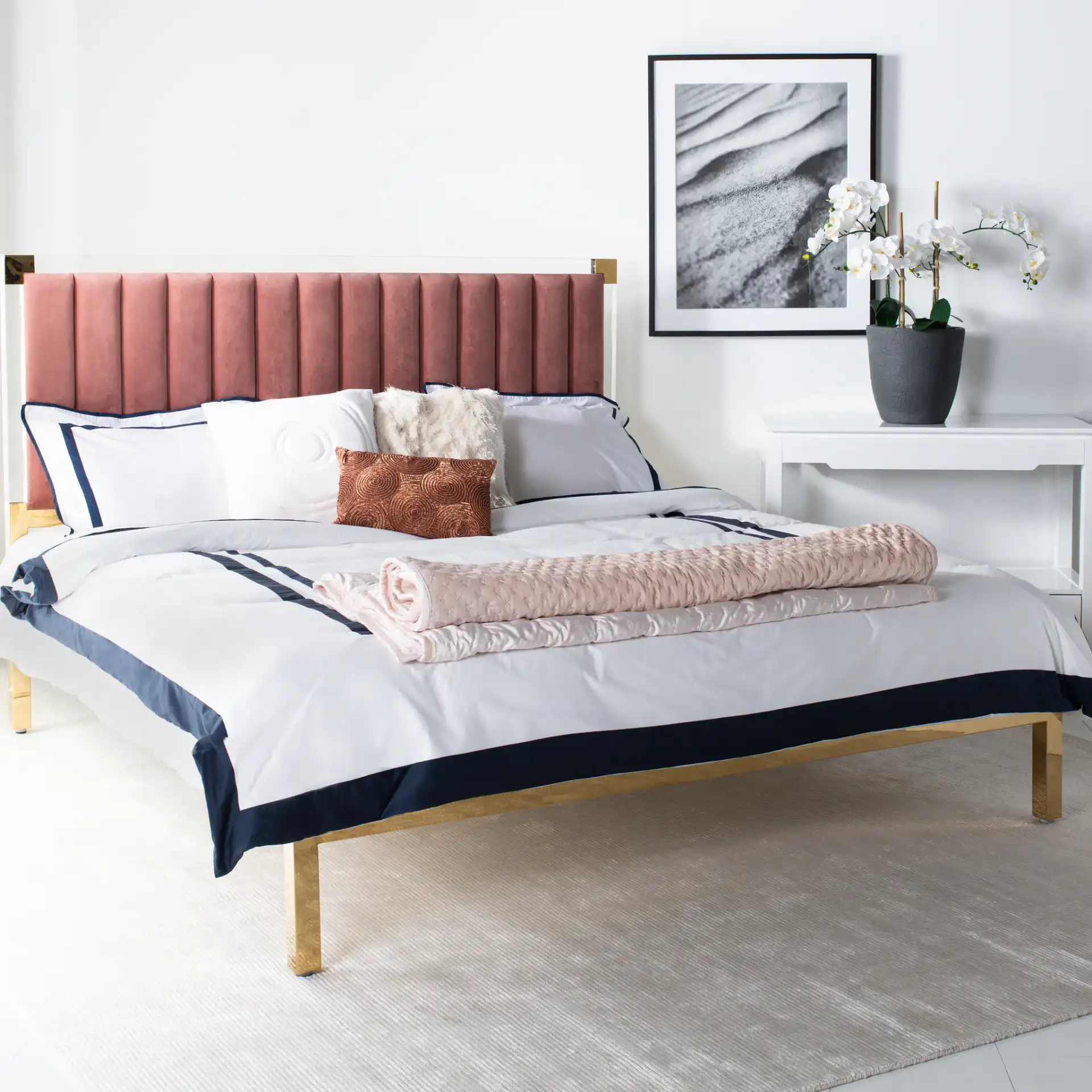Niall Acrylic Bed in Dusty Rose in a styled room