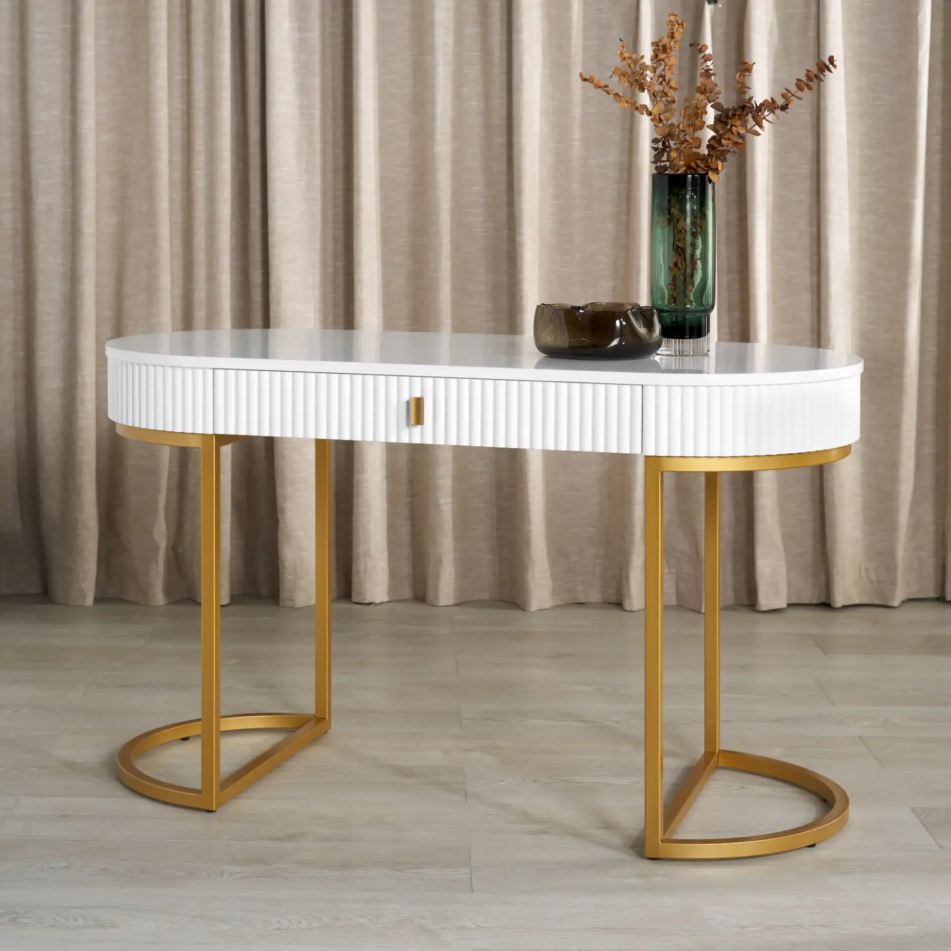 Estella Modern Desk in White / Gold in a styled room
