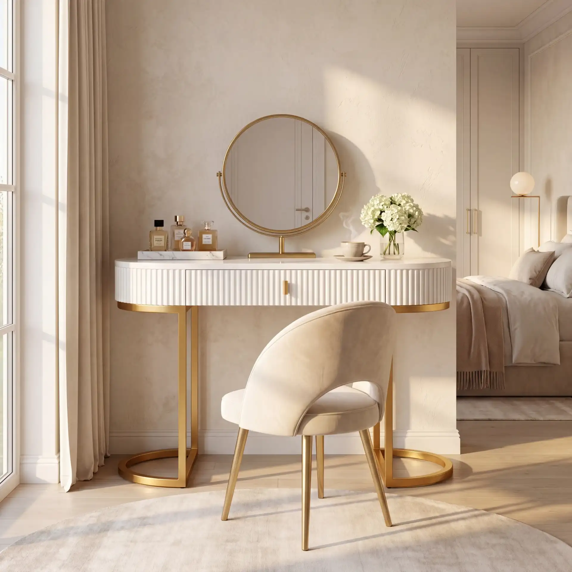 Estella Modern Desk in White / Gold in a styled room