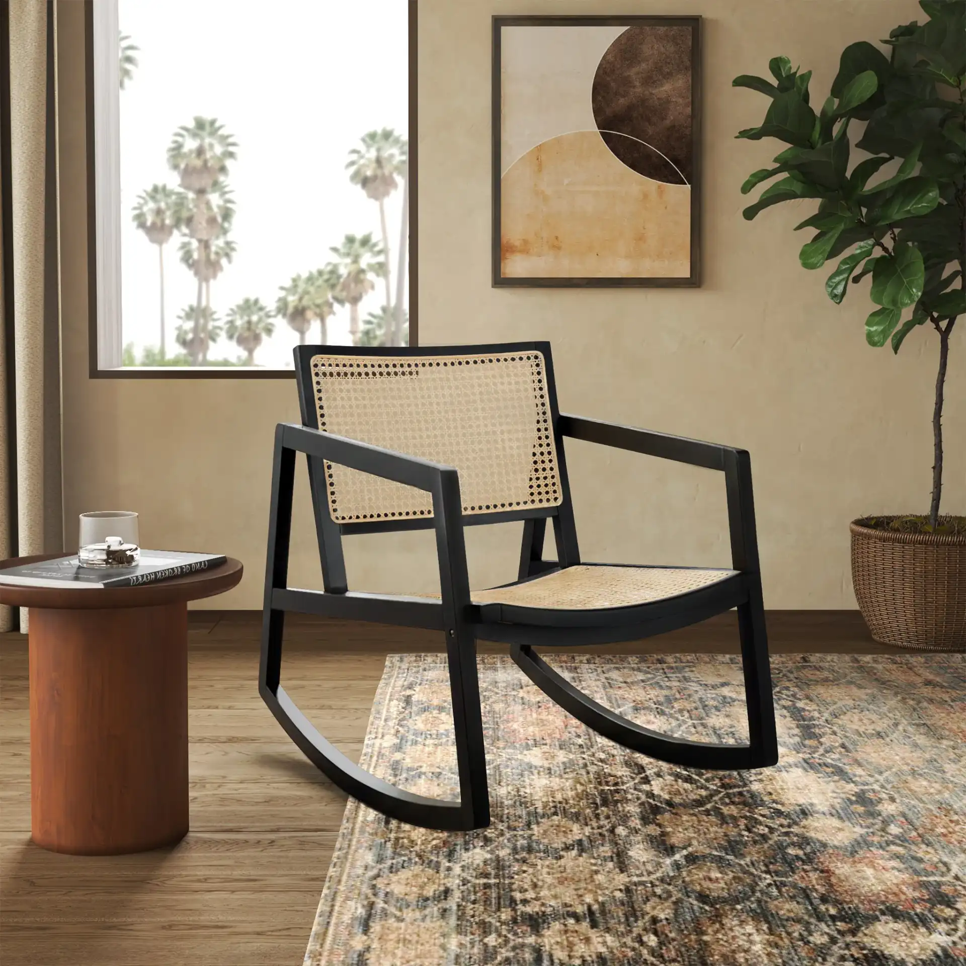Perth Rattan Rocking Chair in Black / Natural in a styled room