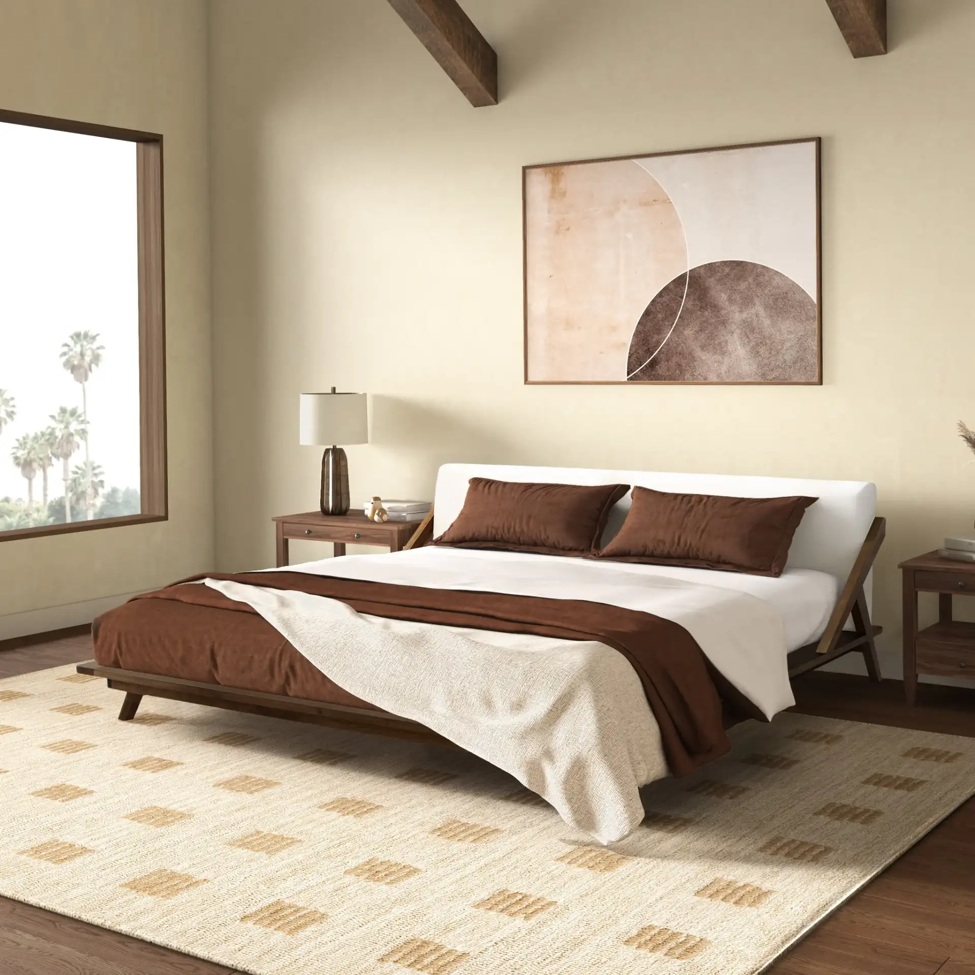 Devyn Wood Platform Bed in Light Gray / Beige in a styled room