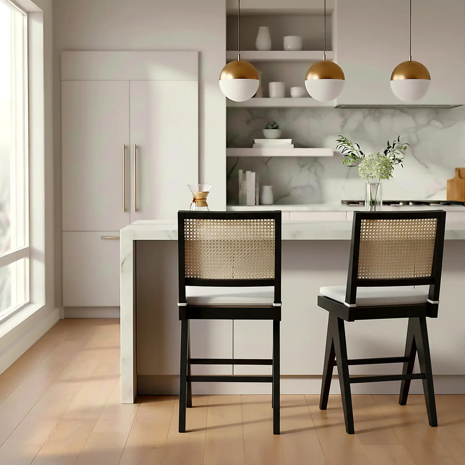 Colette Rattan Counter Stool in Black / Natural in a styled room
